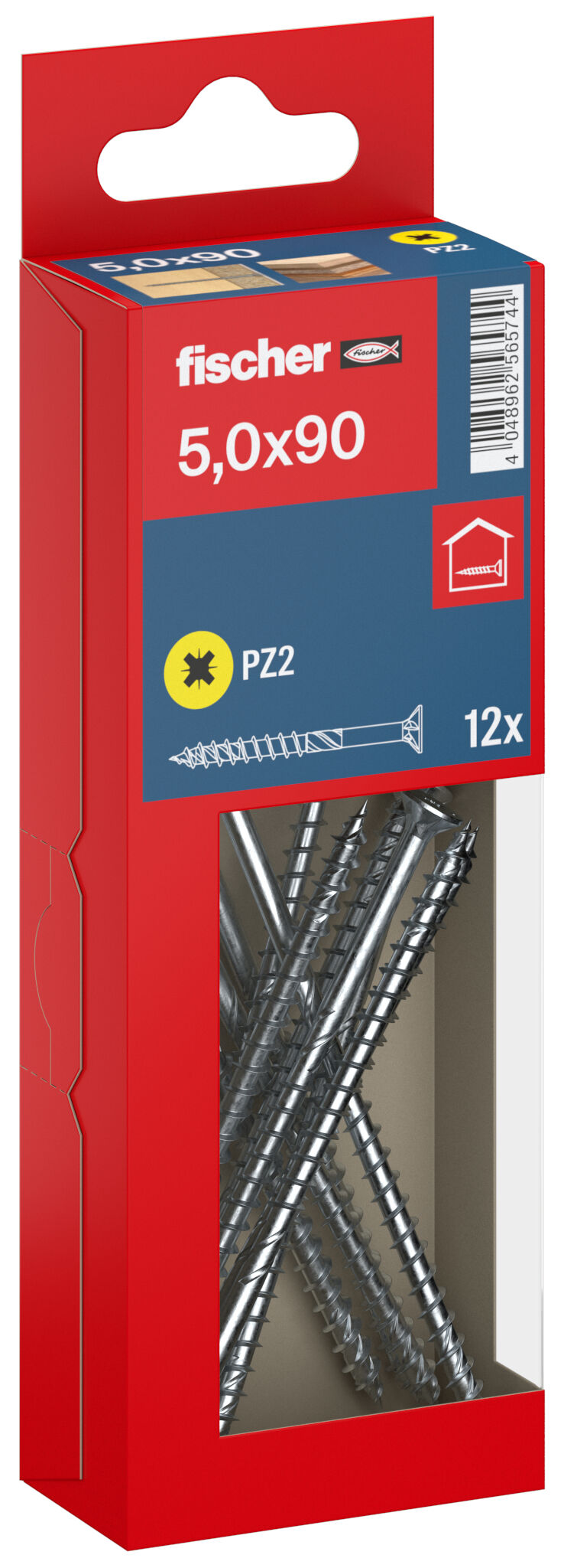 Packaging: "fischer chipboard screw PowerFast FPF II CZP 5.0 x 90 BC 12, countersunk head, cross drive PH, part thread, blue passivated"