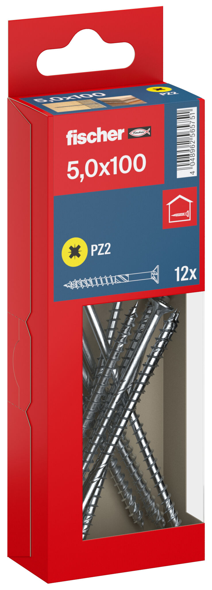 Packaging: "fischer chipboard screw PowerFast FPF II CZP 5.0 x 100 BC 12, countersunk head, cross drive PH, part thread, blue passivated"