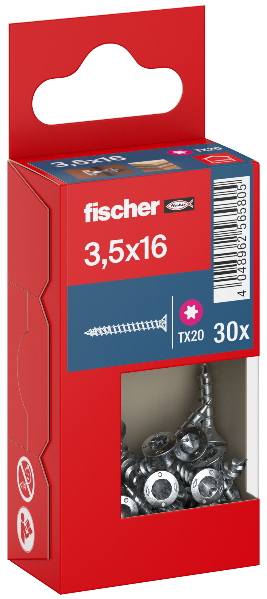 Packaging: "fischer chipboard screw PowerFast FPF II CTF 3.5 x 16 BC 30, countersunk head, TX drive, full thread, blue passivated"