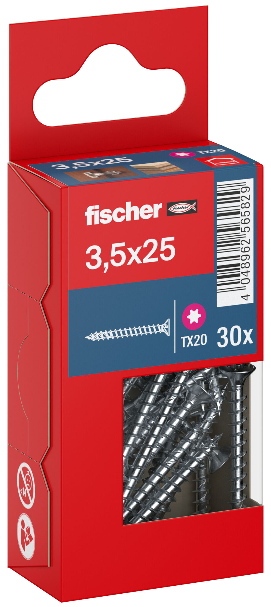 Packaging: "fischer chipboard screw PowerFast FPF II CTF 3.5 x 25 BC 30, countersunk head, TX drive, full thread, blue passivated"