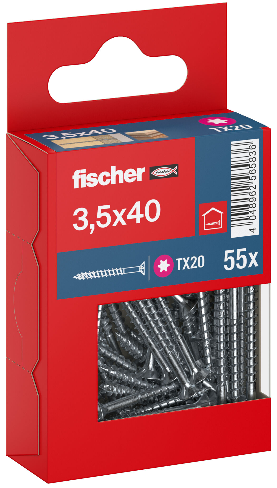 Packaging: "fischer chipboard screw PowerFast FPF II CTP 3.5 x 40 BC 55, countersunk head, TX drive, part thread, blue passivated"