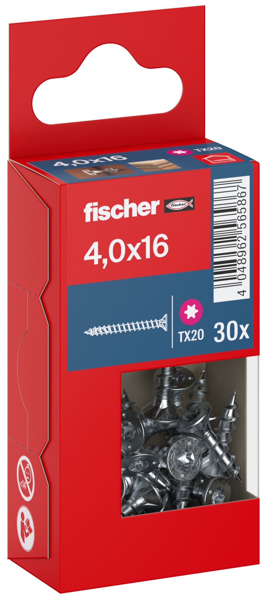 Packaging: "fischer chipboard screw PowerFast FPF II CTF 4.0 x 16 BC 30, countersunk head, TX drive, full thread, blue passivated"