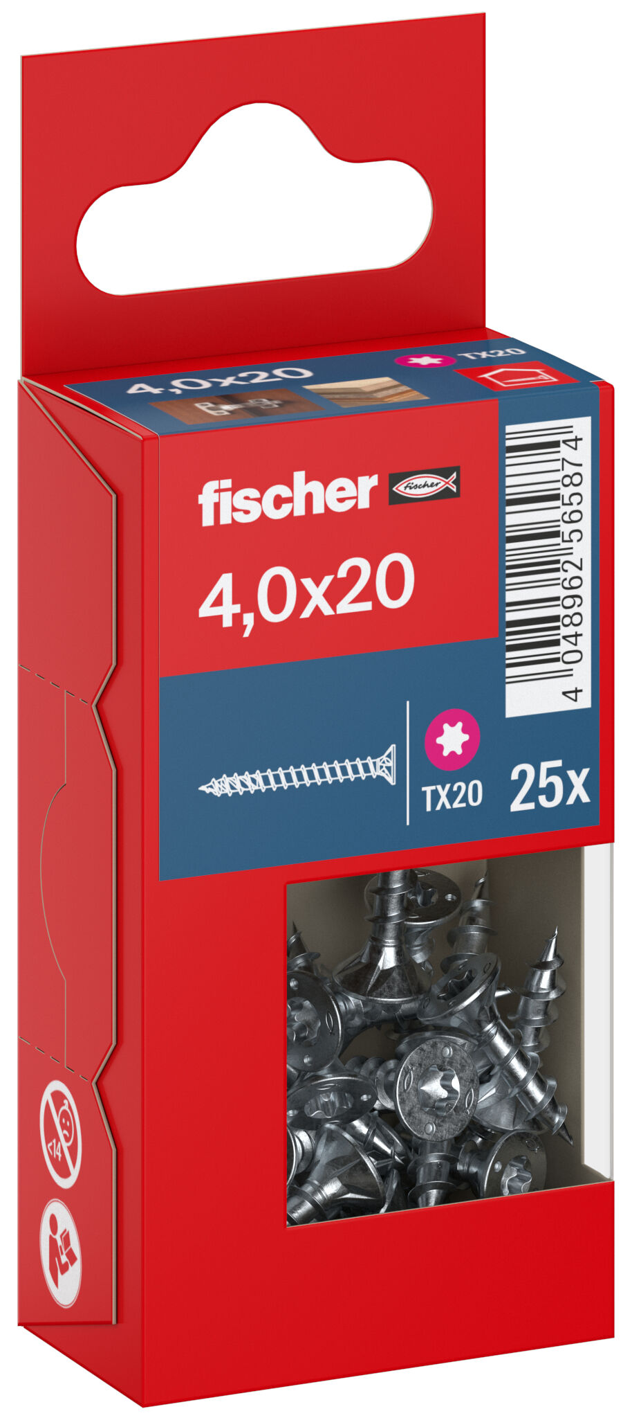 Packaging: "fischer chipboard screw PowerFast FPF II CTF 4.0 x 20 BC 25, countersunk head, TX drive, full thread, blue passivated"