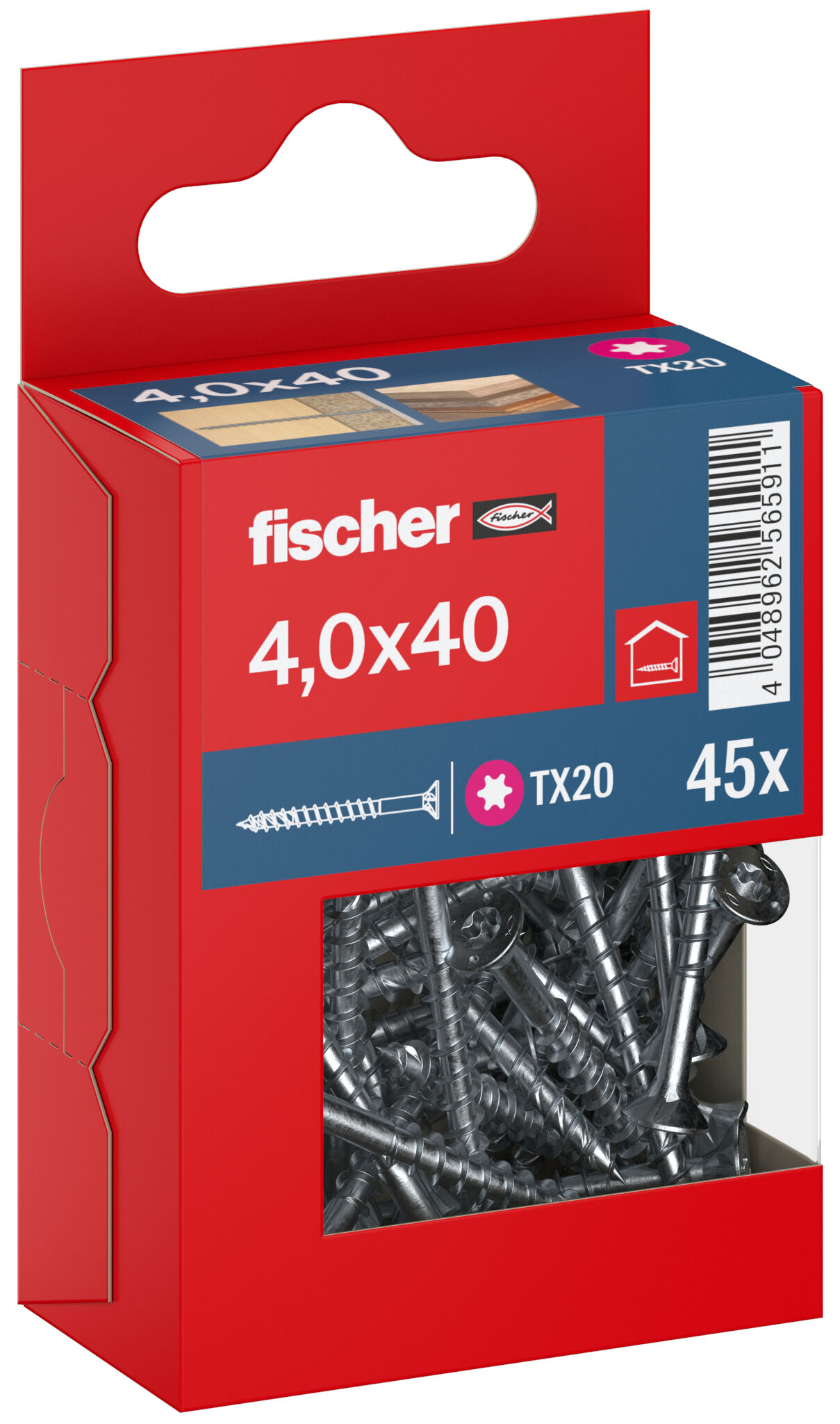 Packaging: "fischer chipboard screw PowerFast FPF II CTP 4.0 x 40 BC 45, countersunk head, TX drive, part thread, blue passivated"