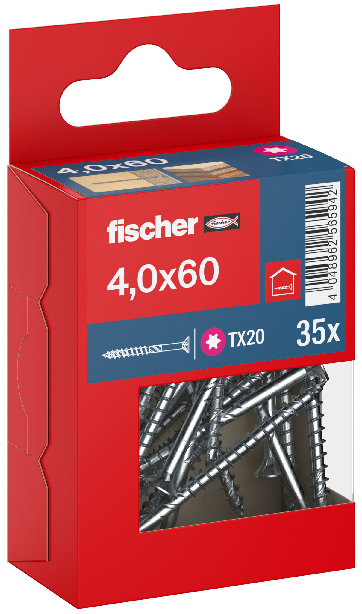 Packaging: "fischer chipboard screw PowerFast FPF II CTP 4.0 x 60 BC 35, countersunk head, TX drive, part thread, blue passivated"