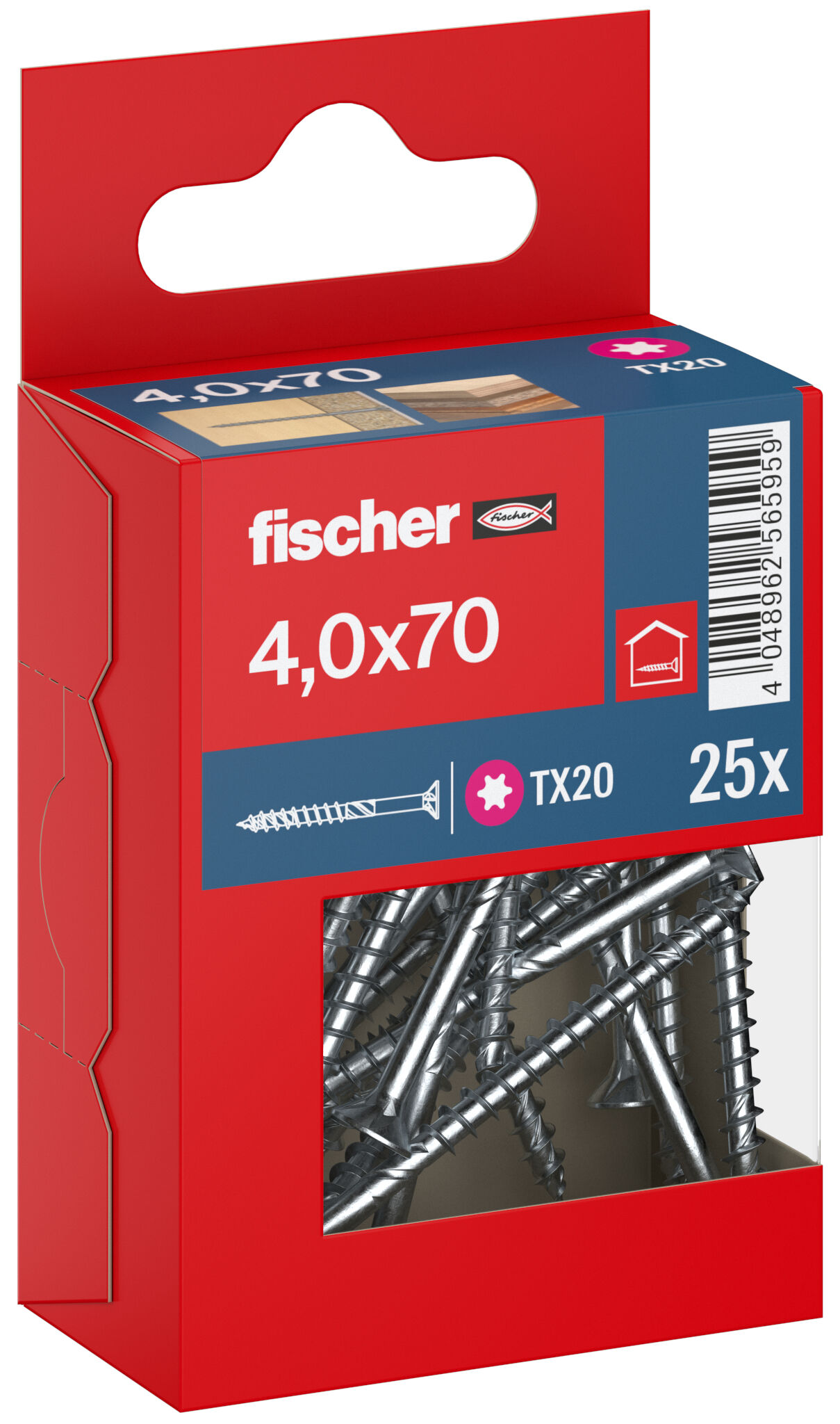 Packaging: "fischer chipboard screw PowerFast FPF II CTP 4.0 x 70 BC 25, countersunk head, TX drive, part thread, blue passivated"