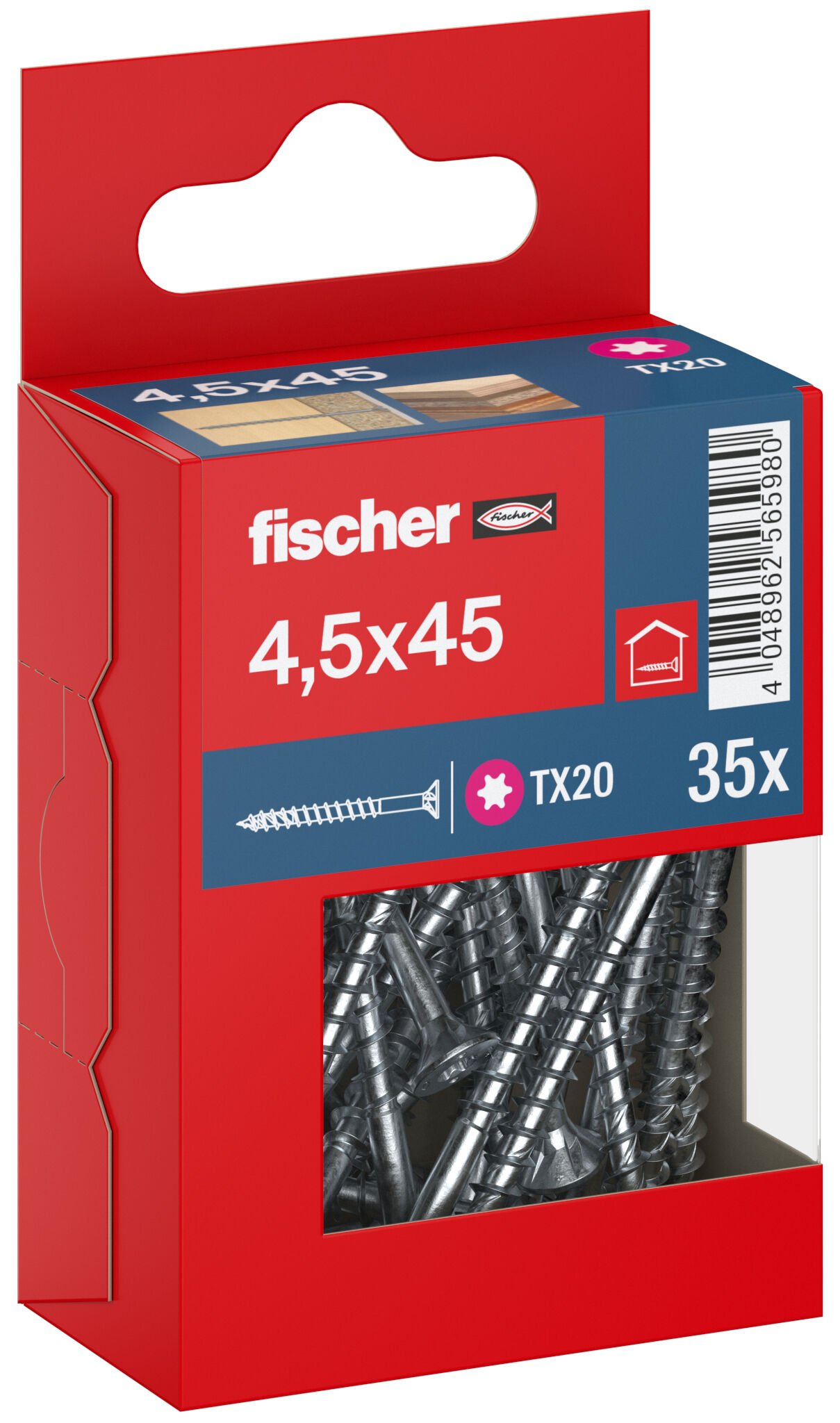 Packaging: "fischer chipboard screw PowerFast FPF II CTP 4.5 x 45 BC 35, countersunk head, TX drive, part thread, blue passivated"