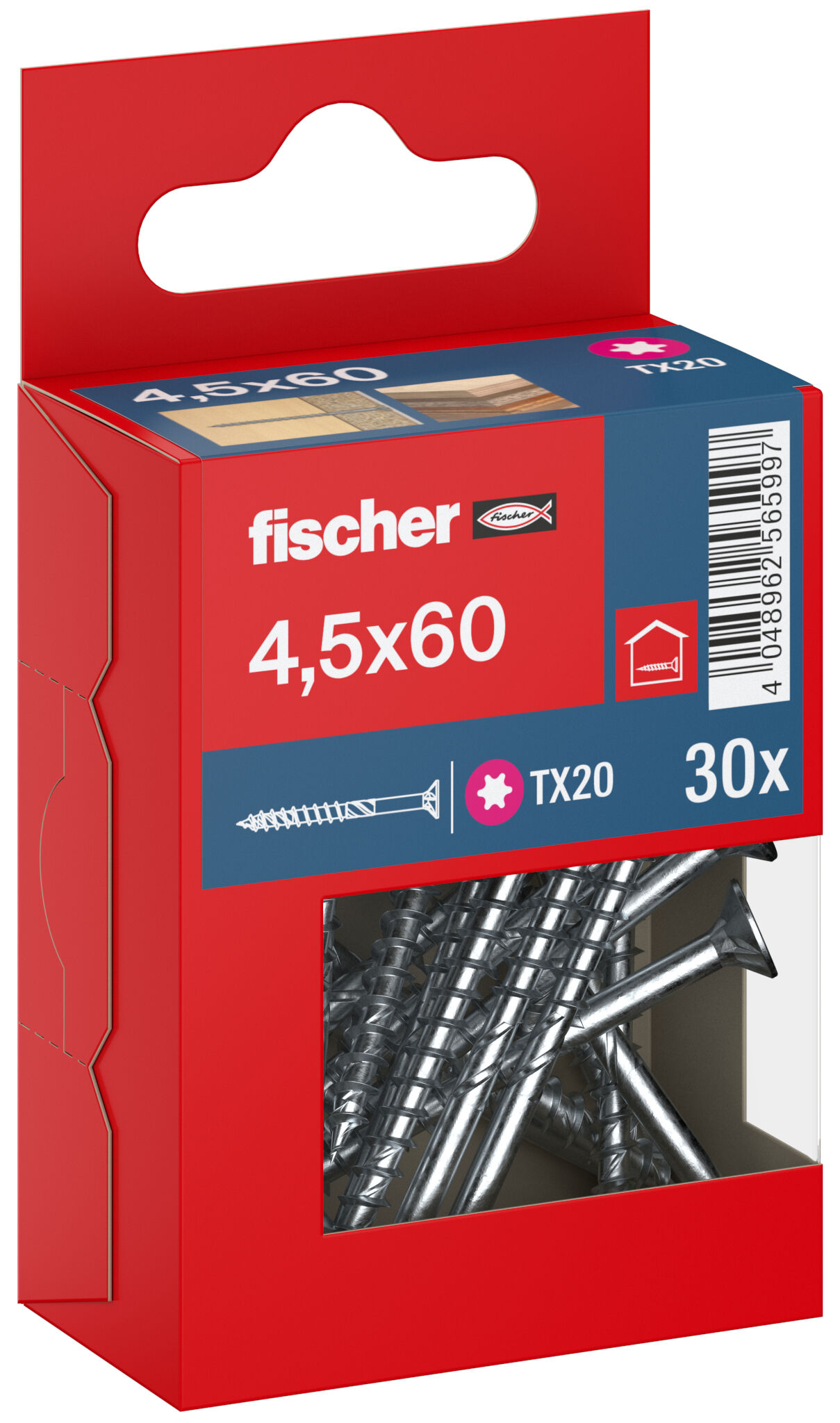 Packaging: "fischer chipboard screw PowerFast FPF II CTP 4.5 x 60 BC 30, countersunk head, TX drive, part thread, blue passivated"