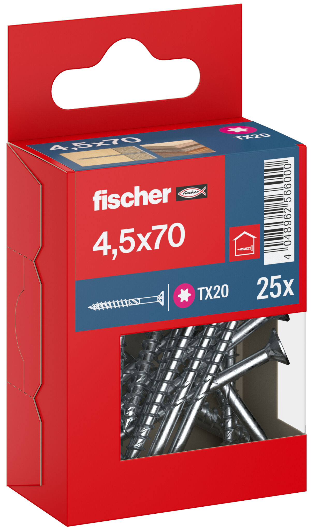 Packaging: "fischer chipboard screw PowerFast FPF II CTP 4.5 x 70 BC 25, countersunk head, TX drive, part thread, blue passivated"