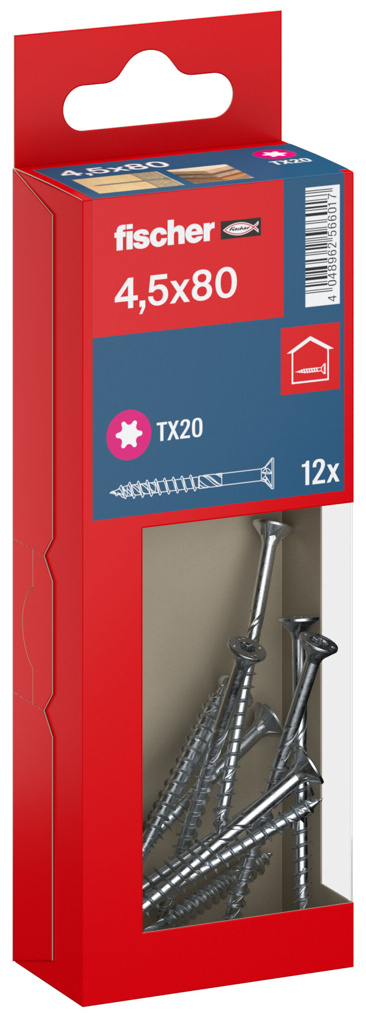 Packaging: "fischer chipboard screw PowerFast FPF II CTP 4.5 x 80 BC 12, countersunk head, TX drive, part thread, blue passivated"