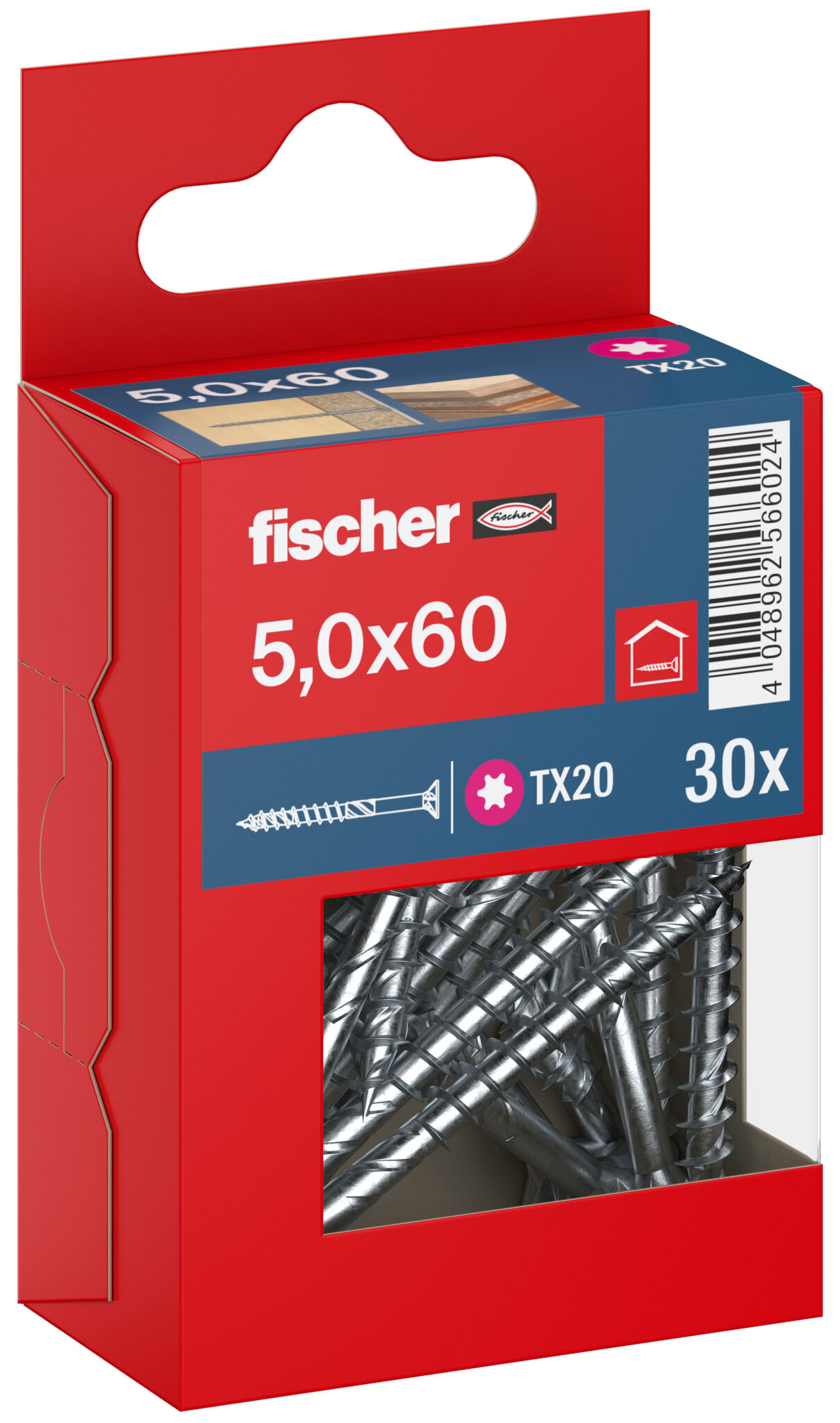Packaging: "fischer chipboard screw PowerFast FPF II CTP 5.0 x 60 BC 30, countersunk head, TX drive, part thread, blue passivated"