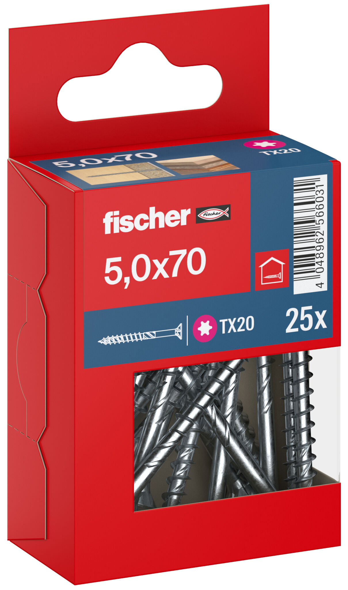 Packaging: "fischer chipboard screw PowerFast FPF II CTP 5.0 x 70 BC 25, countersunk head, TX drive, part thread, blue passivated"