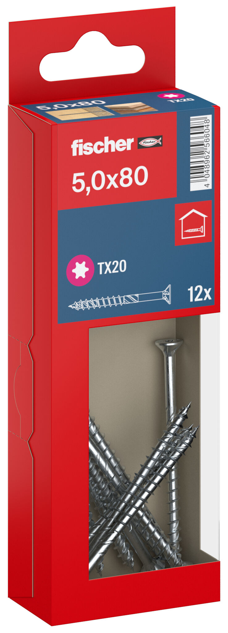 Packaging: "fischer chipboard screw PowerFast FPF II CTP 5.0 x 80 BC 12, countersunk head, TX drive, part thread, blue passivated"