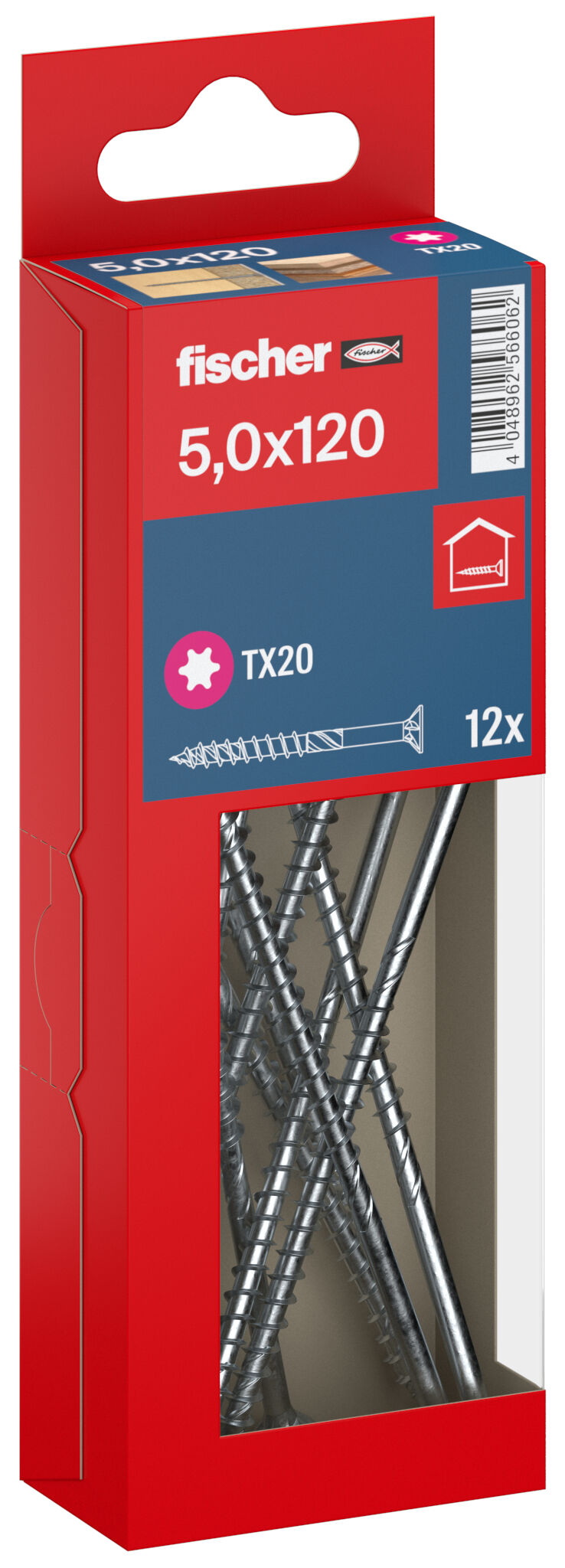 Packaging: "fischer chipboard screw PowerFast FPF II CTP 5.0 x 120 BC 12, countersunk head, TX drive, part thread, blue passivated"