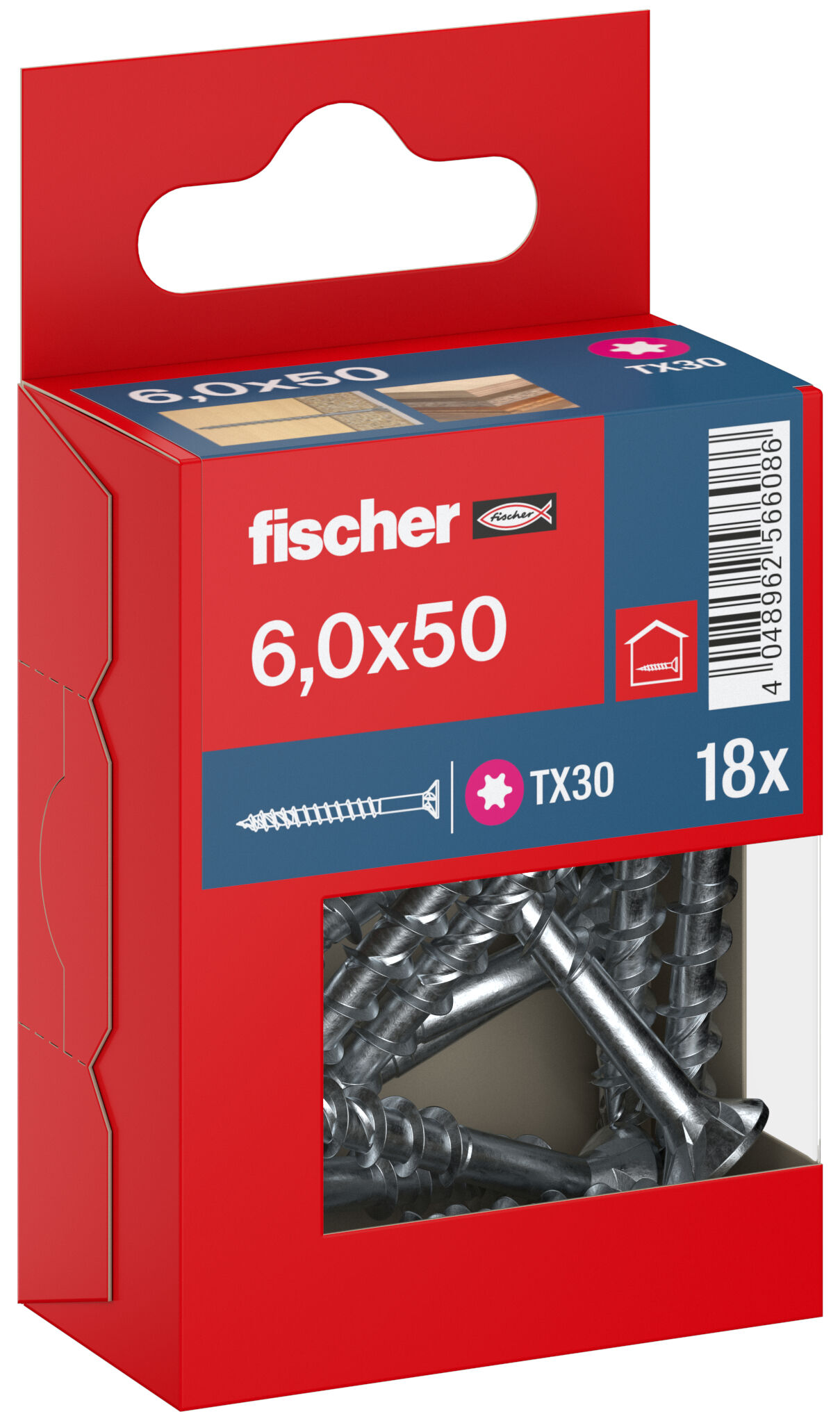 Packaging: "fischer chipboard screw PowerFast FPF II CTP 6.0 x 50 BC 18, countersunk head, TX drive, part thread, blue passivated"