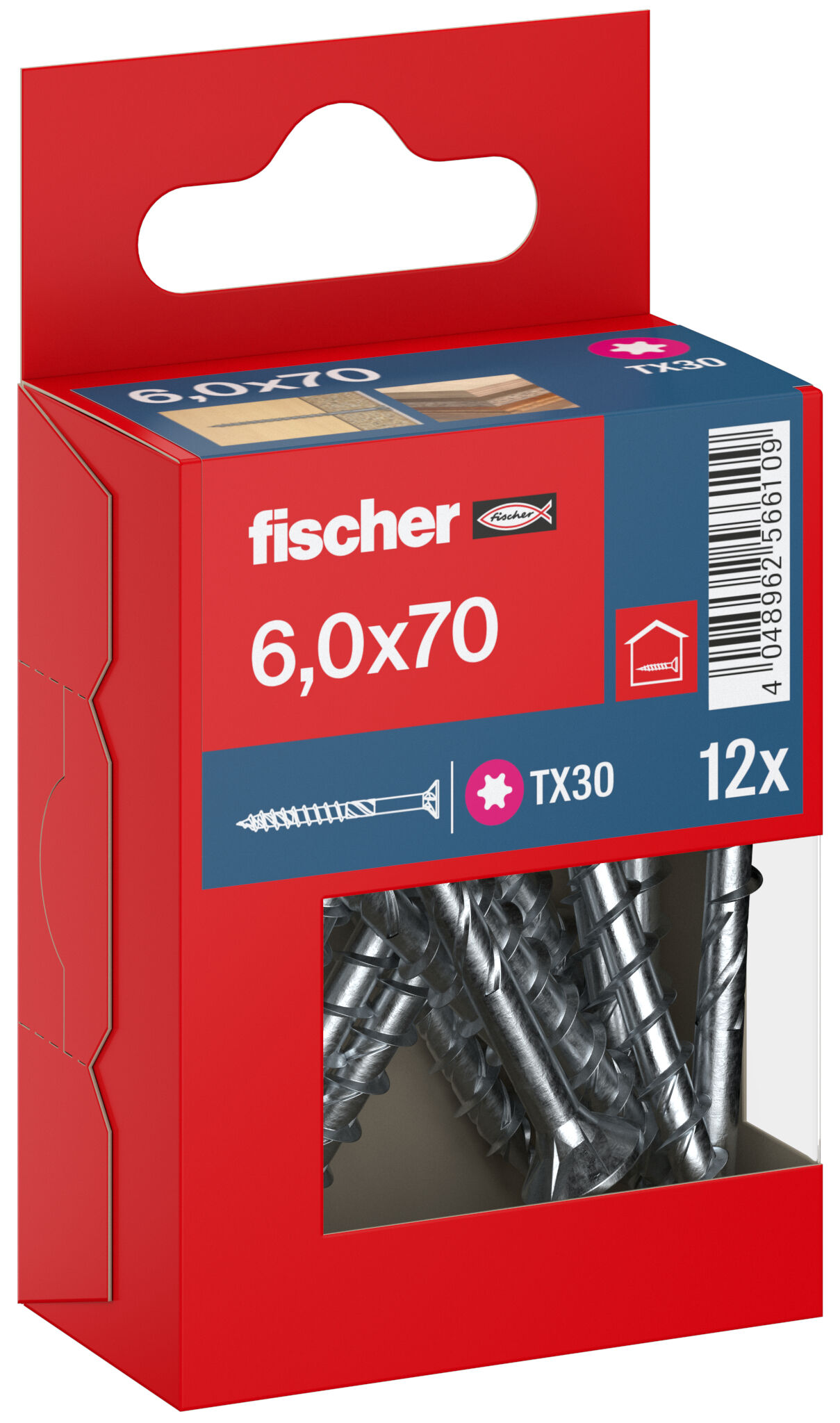 Packaging: "fischer chipboard screw PowerFast FPF II CTP 6.0 x 70 BC 12, countersunk head, TX drive, part thread, blue passivated"