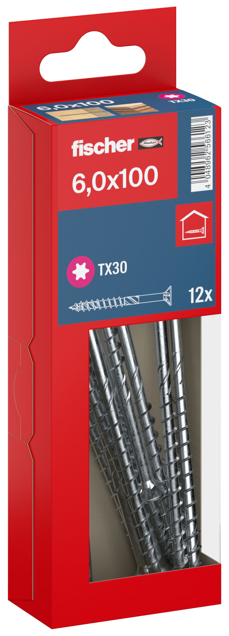 Packaging: "fischer chipboard screw PowerFast FPF II CTP 6.0 x 100 BC 12, countersunk head, TX drive, part thread, blue passivated"