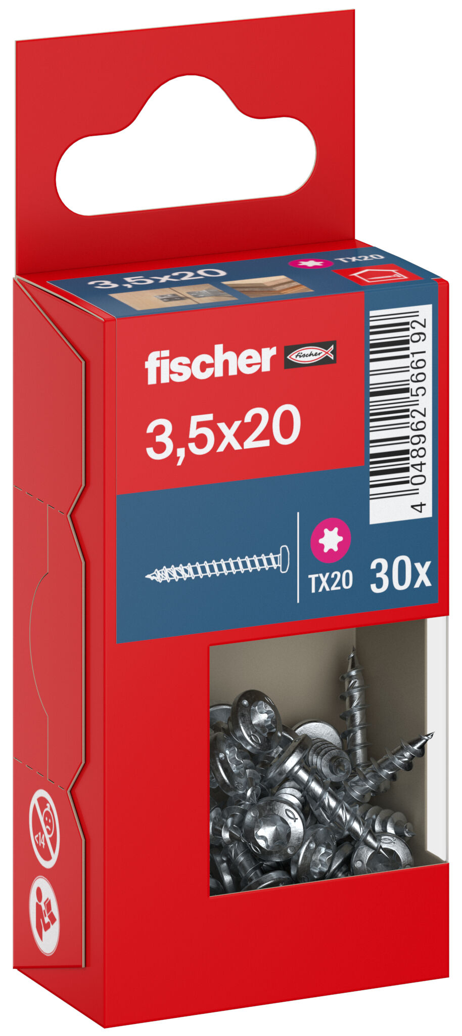 Packaging: "fischer chipboard screw PowerFast FPF II PTF 3.5 x 20 BC 30, pan head, TX drive, full thread, blue passivated"