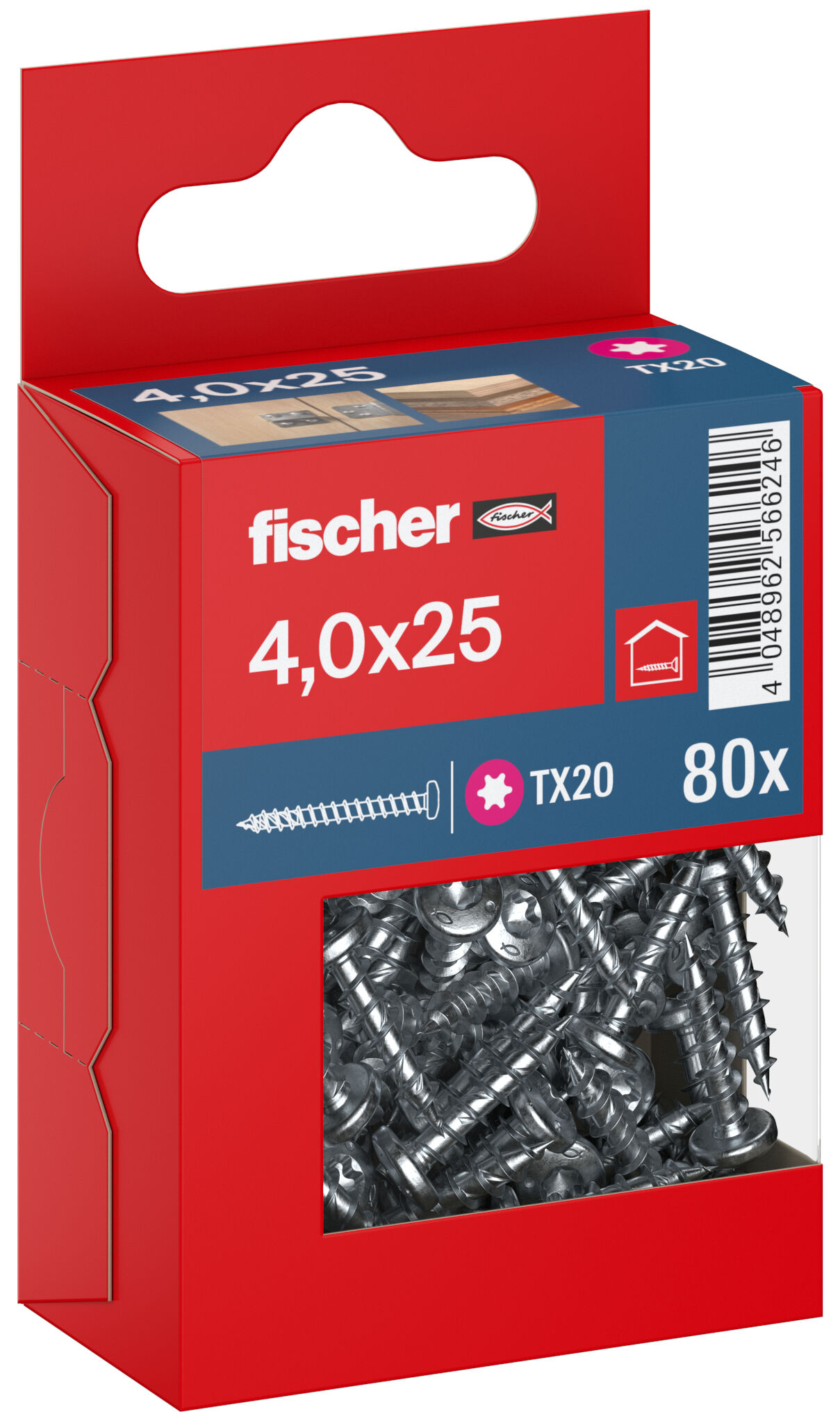 Packaging: "fischer chipboard screw PowerFast FPF II PTF 4.0 x 25 BC 80, pan head, TX drive, full thread, blue passivated"