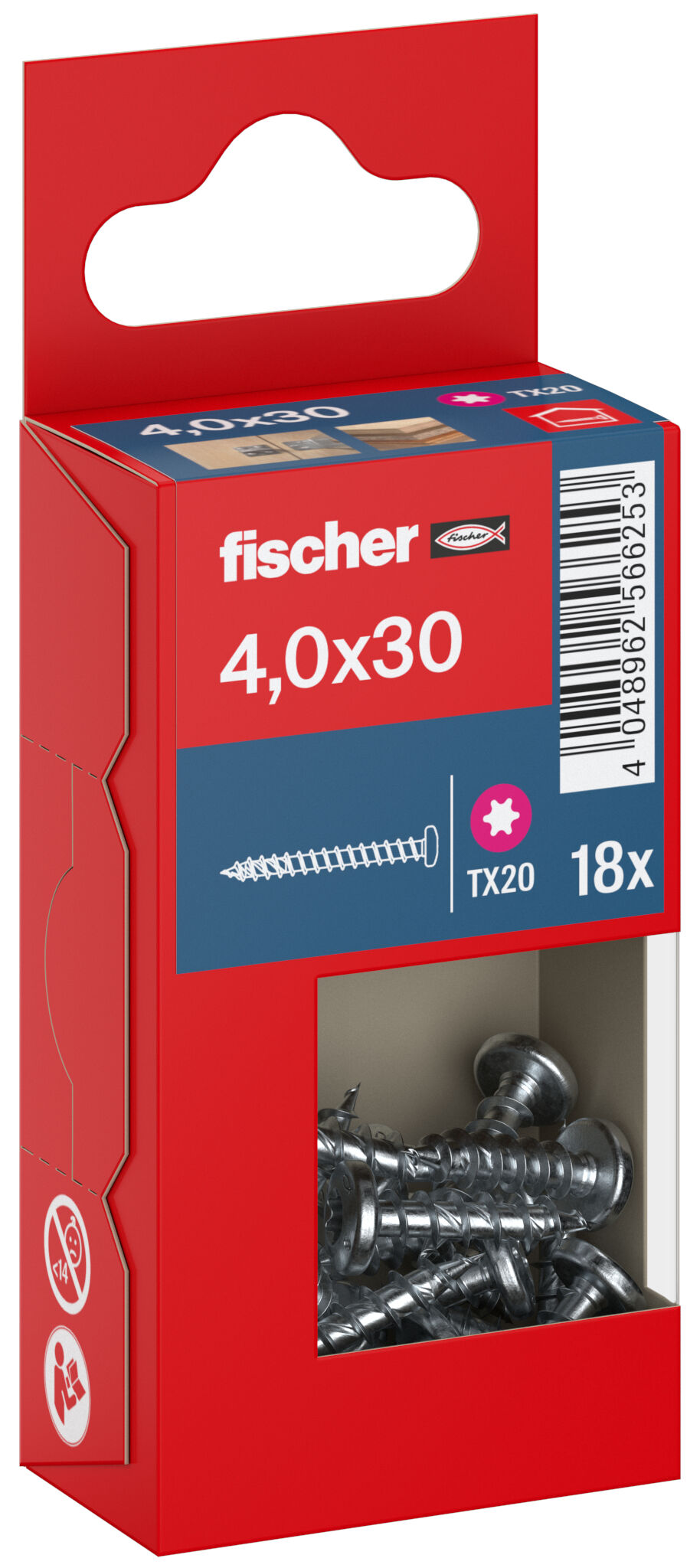 Packaging: "fischer chipboard screw PowerFast FPF II PTF 4.0 x 30 BC 18, pan head, TX drive, full thread, blue passivated"
