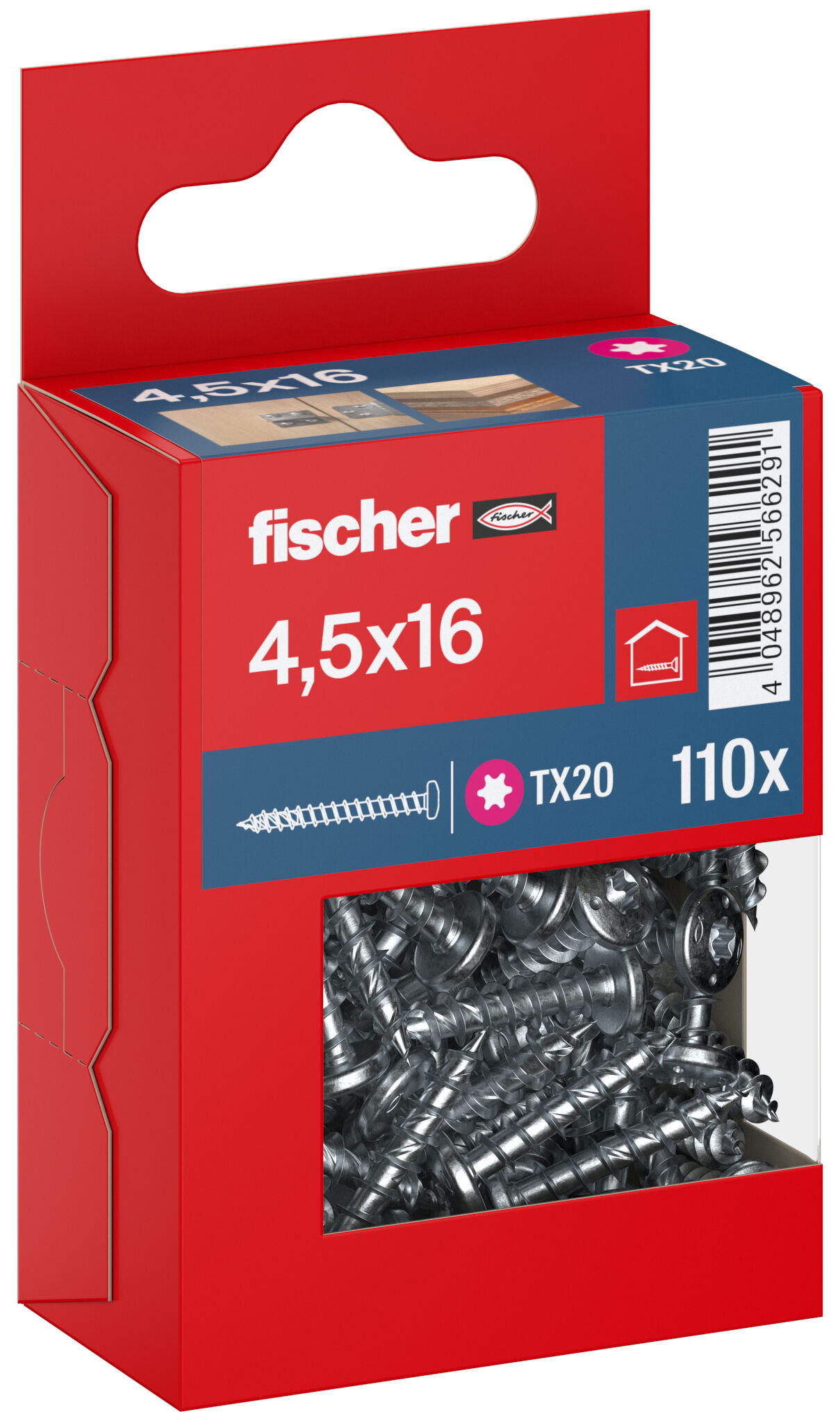 Packaging: "fischer chipboard screw PowerFast FPF II PTF 4.5 x 16 BC 110, pan head, TX drive, full thread, blue passivated"