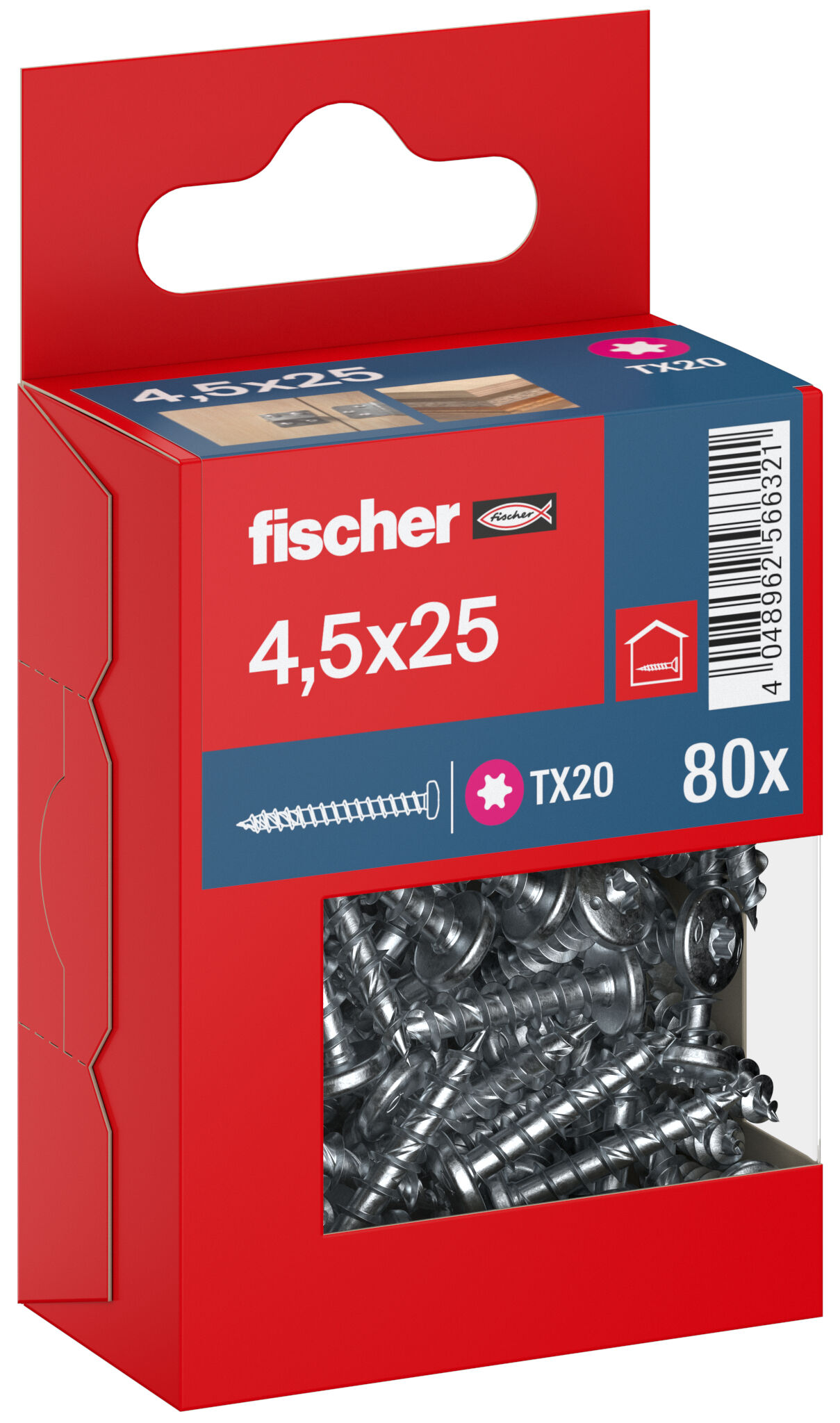 Packaging: "fischer chipboard screw PowerFast FPF II PTF 4.5 x 25 BC 80, pan head, TX drive, full thread, blue passivated"