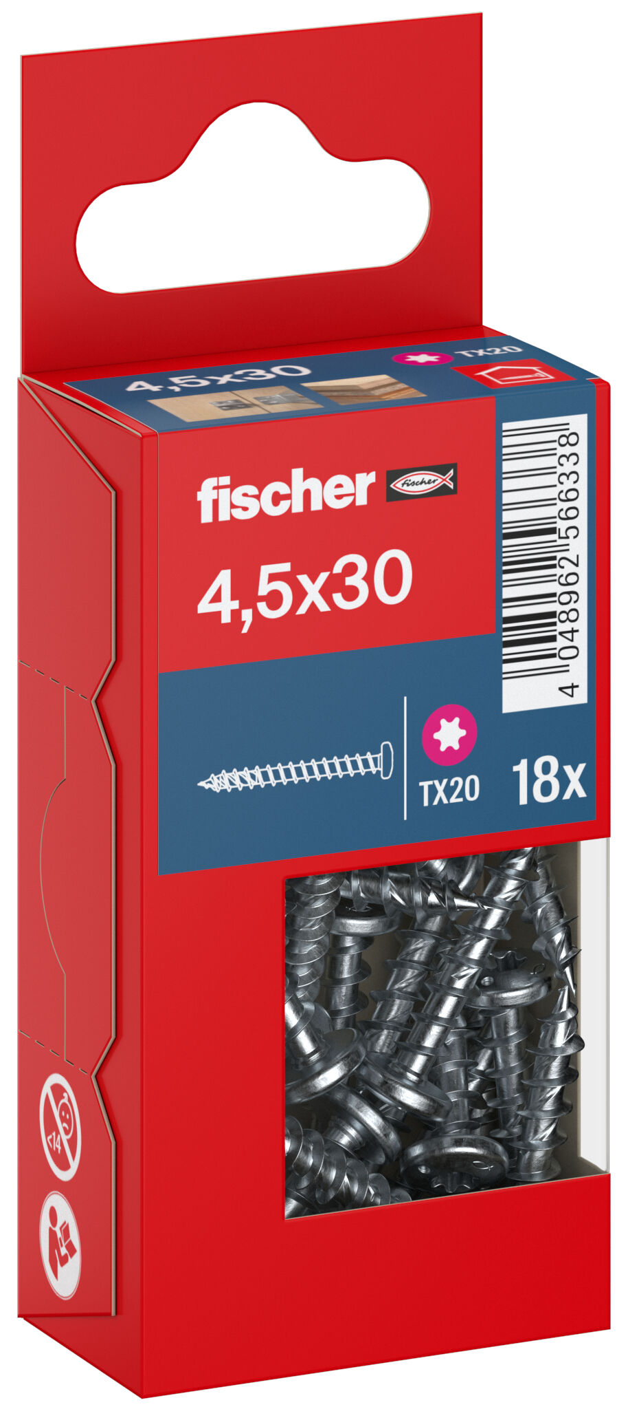 Packaging: "fischer chipboard screw PowerFast FPF II PTF 4.5 x 30 BC 18, pan head, TX drive, full thread, blue passivated"
