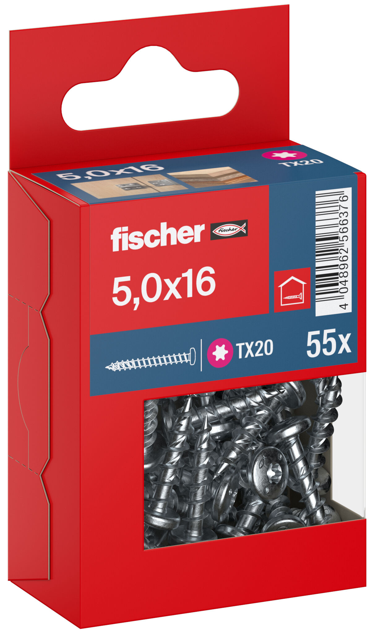 Packaging: "fischer chipboard screw PowerFast FPF II PTF 5.0 x 16 BC 55, pan head, TX drive, full thread, blue passivated"
