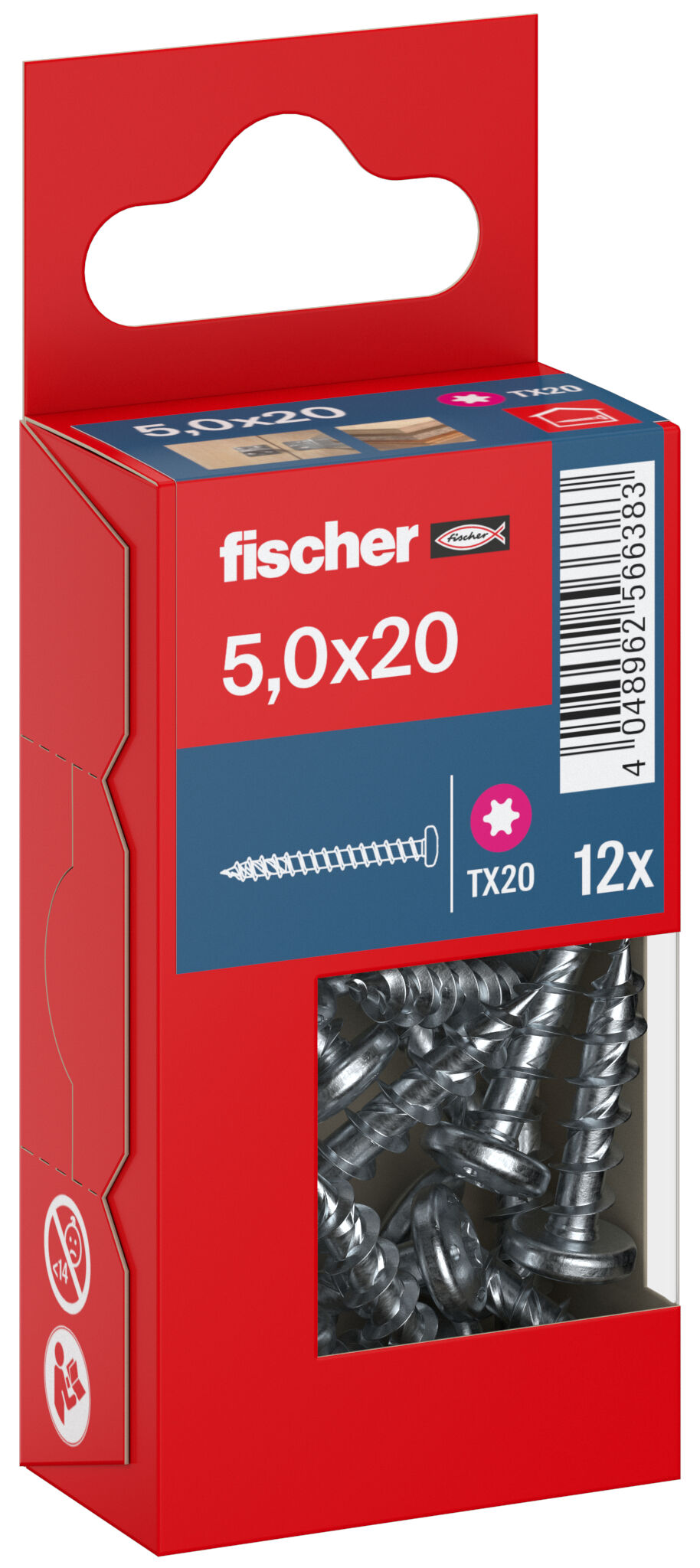 Packaging: "fischer chipboard screw PowerFast FPF II PTF 5.0 x 20 BC 12, pan head, TX drive, full thread, blue passivated"