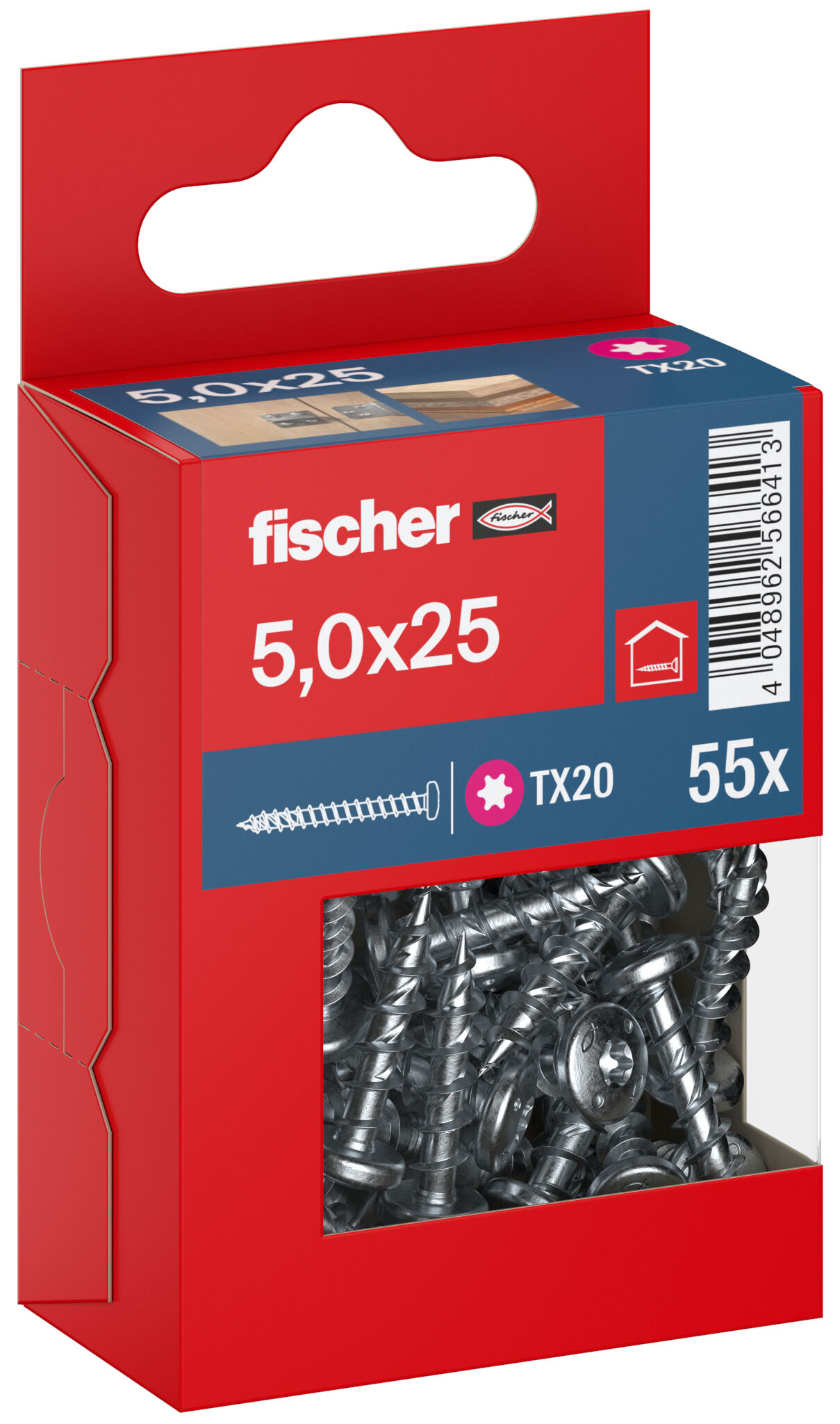 Packaging: "fischer chipboard screw PowerFast FPF II PTF 5.0 x 25 BC 55, pan head, TX drive, full thread, blue passivated"