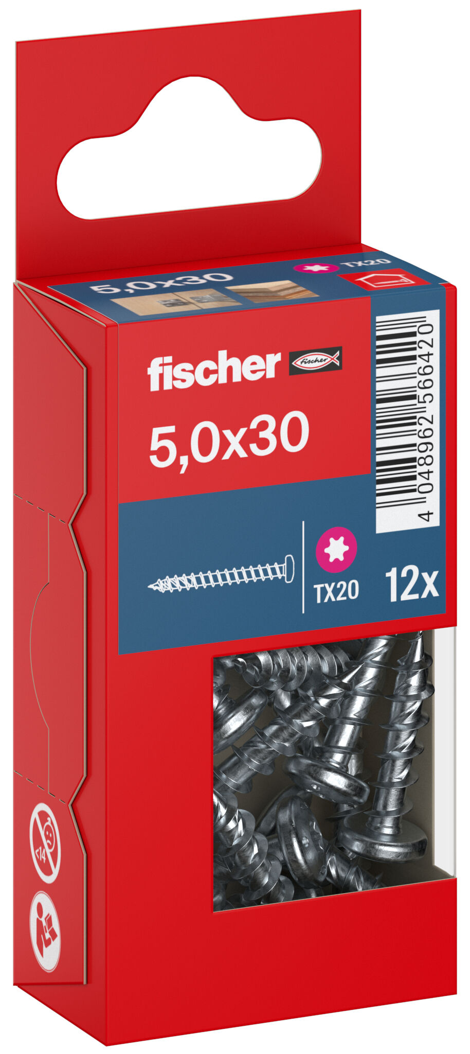 Packaging: "fischer chipboard screw PowerFast FPF II PTF 5.0 x 30 BC 12, pan head, TX drive, full thread, blue passivated"