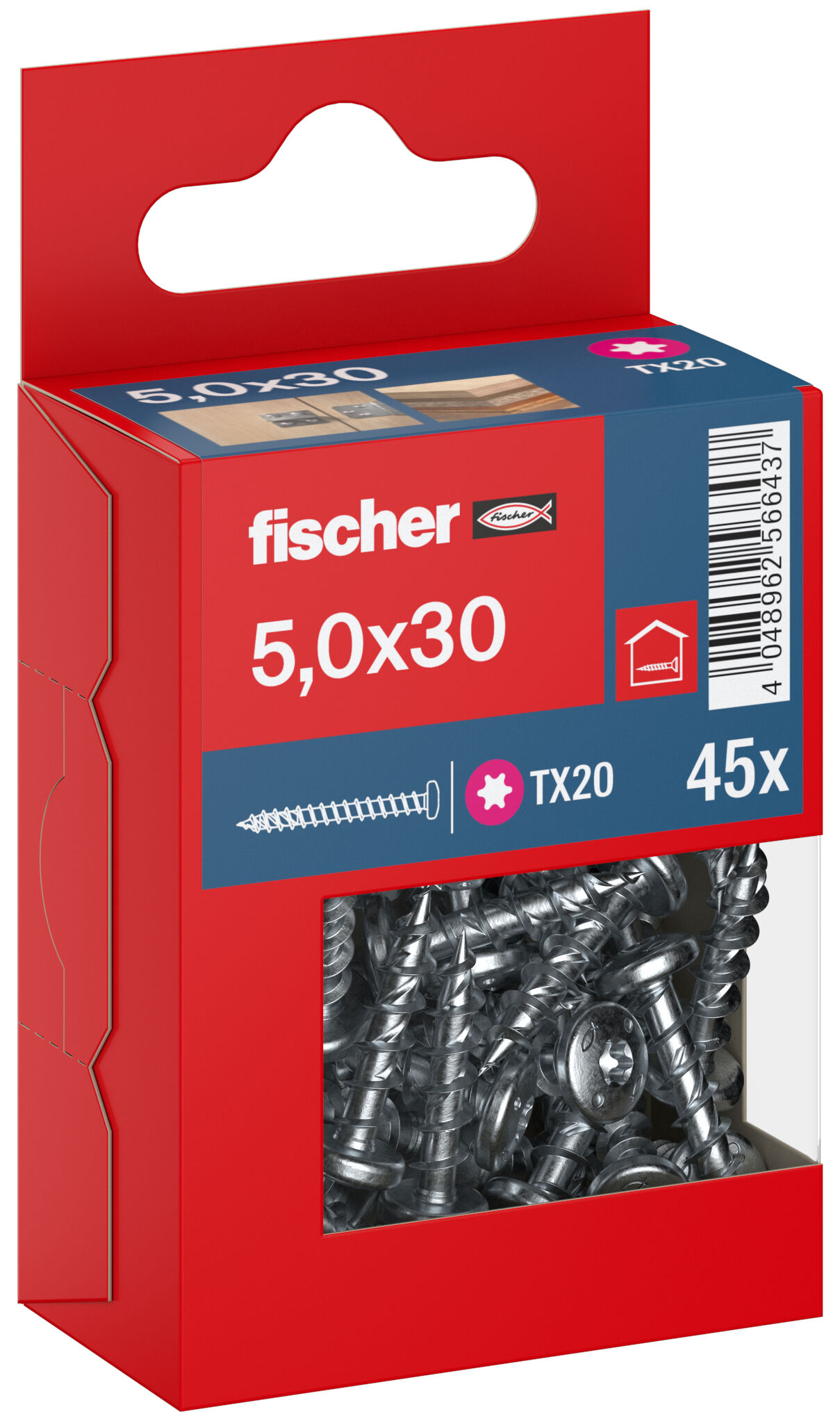 Packaging: "fischer chipboard screw PowerFast FPF II PTF 5.0 x 30 BC 45, pan head, TX drive, full thread, blue passivated"