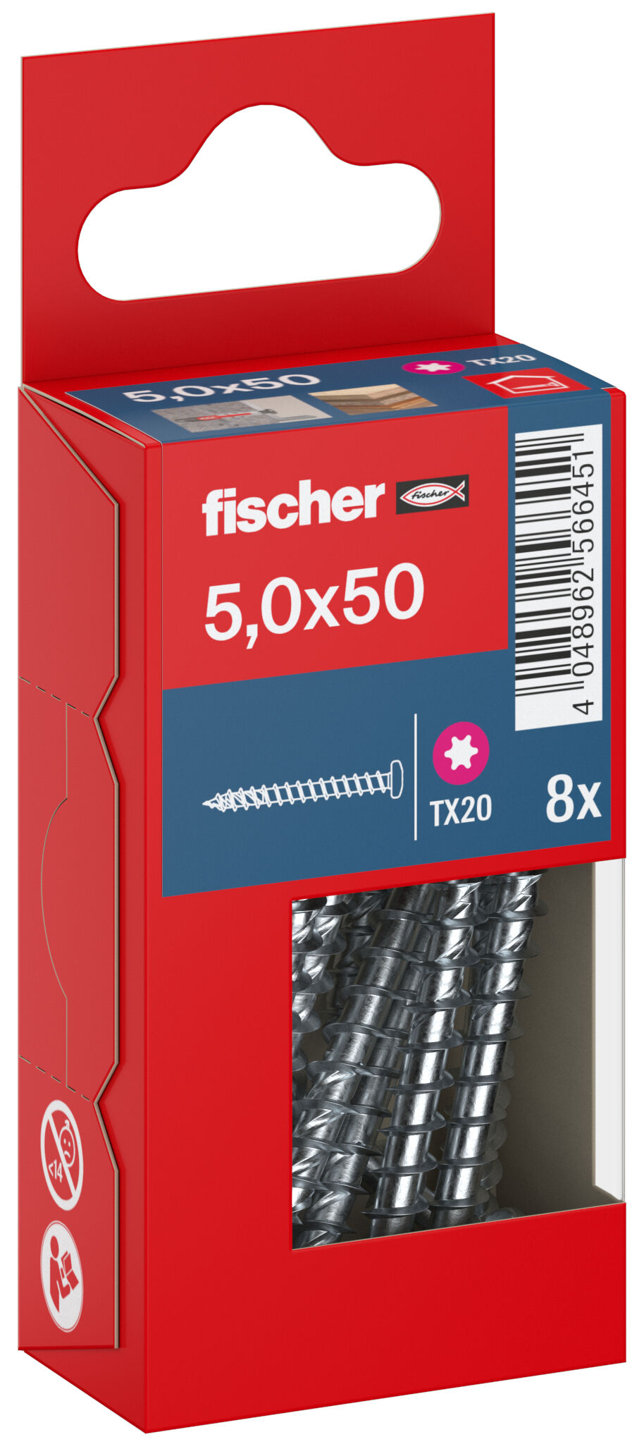 Packaging: "fischer chipboard screw PowerFast FPF II PTF 5.0 x 50 BC 8, pan head, TX drive, full thread, blue passivated"