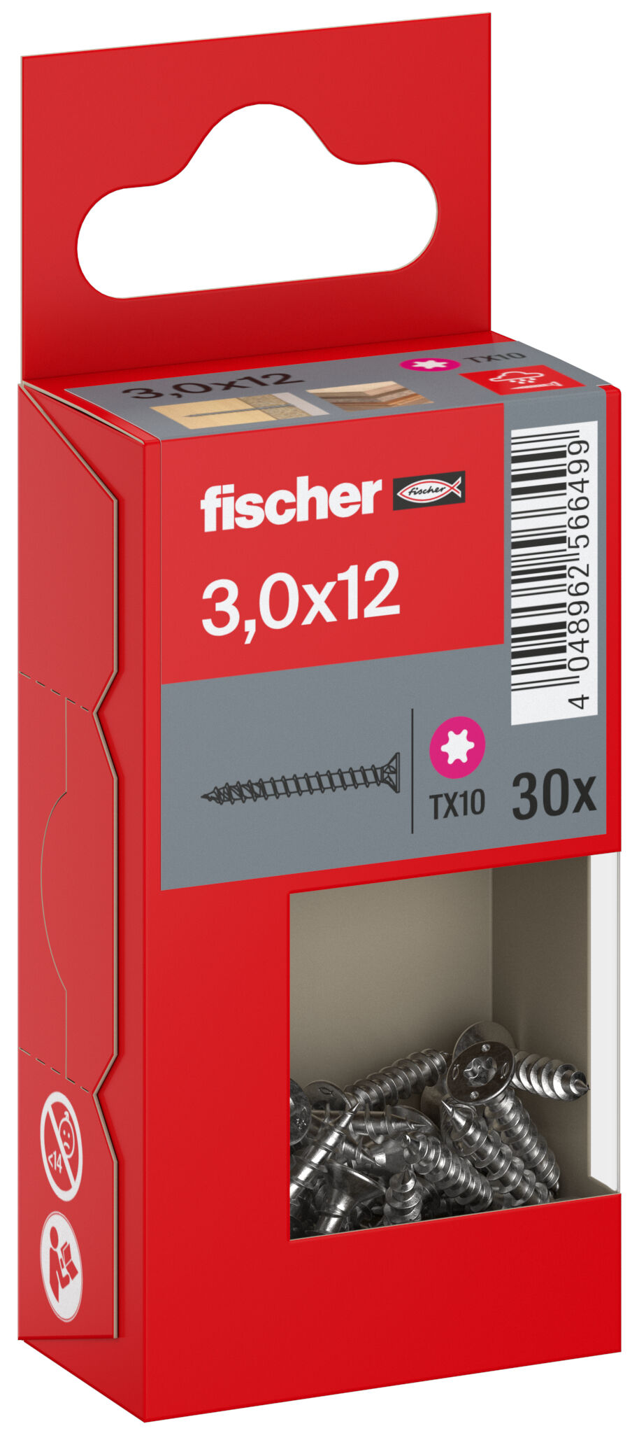 Packaging: "Parafuso para aglomerado fischer PowerFast FPF II CTF 3,0 x 12 A2 30, cabeça escareada, encaixe TX, rosca completa, aço inoxidável A2"