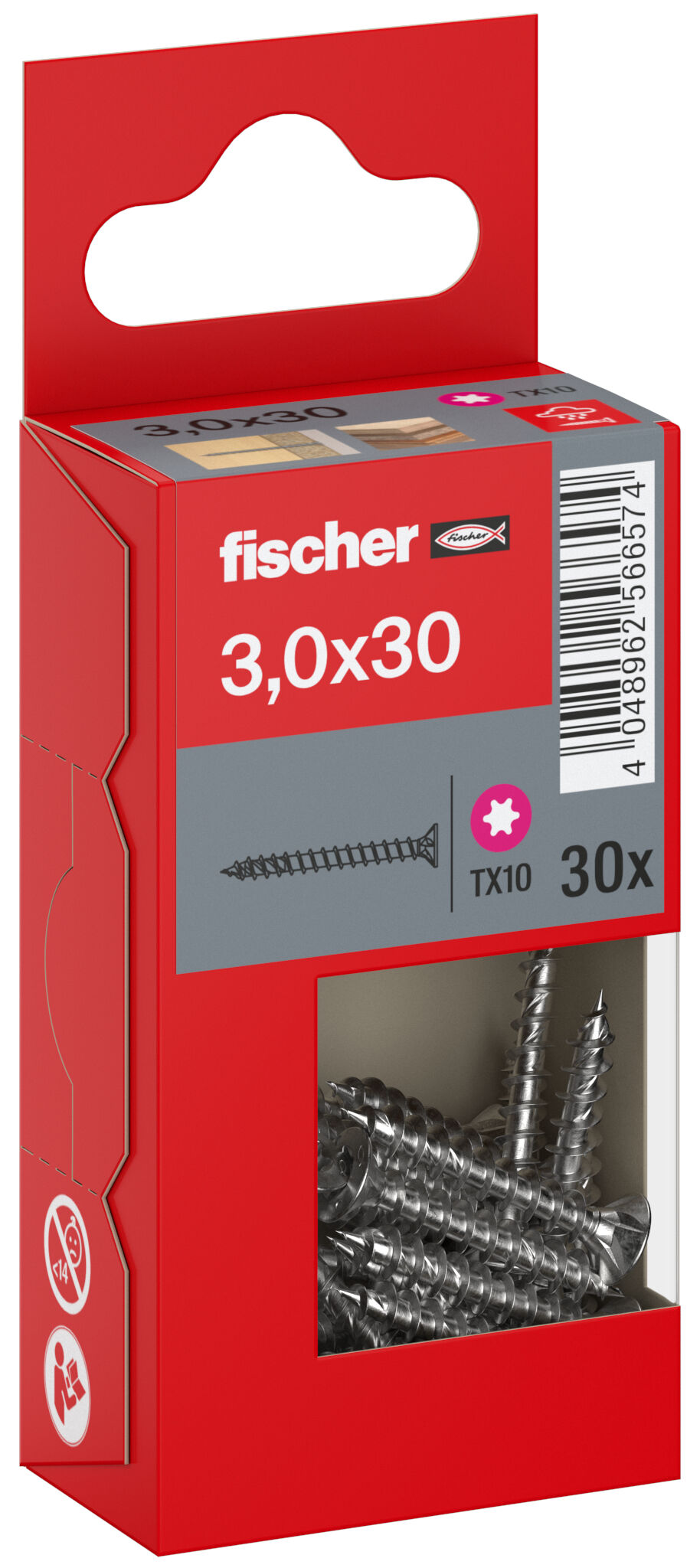 Packaging: "Parafuso para aglomerado fischer PowerFast FPF II CTF 3,0 x 30 A2 30, cabeça escareada, encaixe TX, rosca completa, aço inoxidável A2"