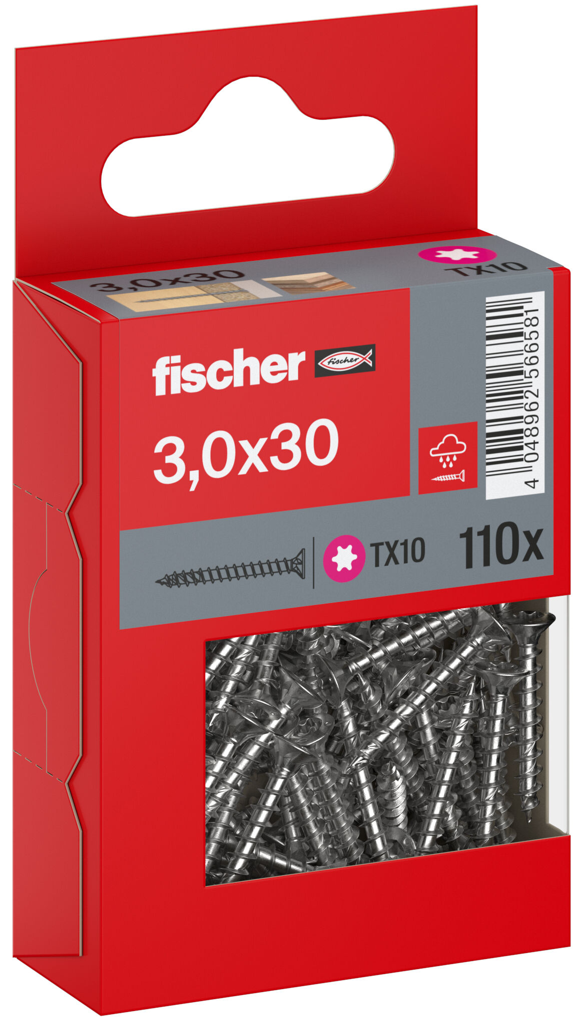 Packaging: "Parafuso para aglomerado fischer PowerFast FPF II CTF 3,0 x 30 A2 110, cabeça escareada, encaixe TX, rosca completa, aço inoxidável A2"