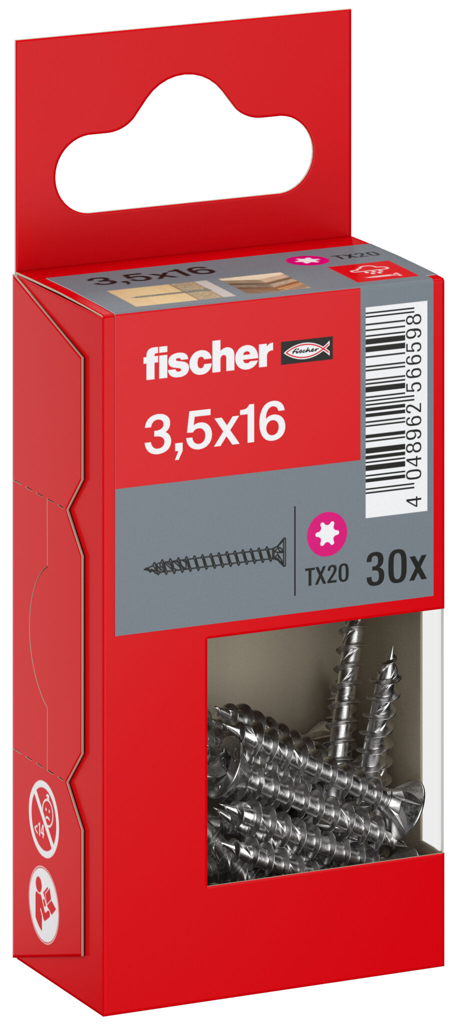 Packaging: "Parafuso para aglomerado fischer PowerFast FPF II CTF 3,5 x 16 A2 30, cabeça escareada, encaixe TX, rosca completa, aço inoxidável A2"