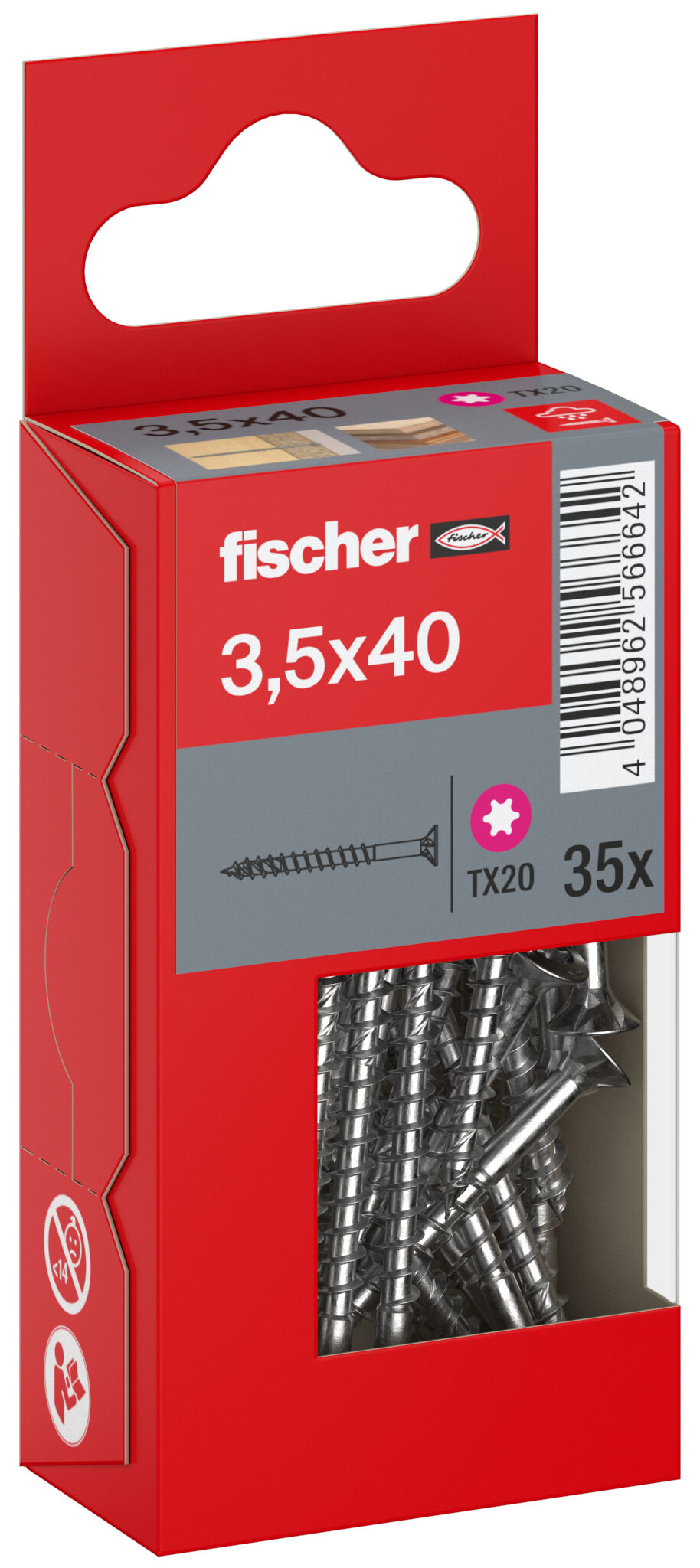 Packaging: "fischer chipboard screw PowerFast FPF II CTP 3.5 x 40 A2 35, countersunk head, TX drive, part thread, stainless steel A2"