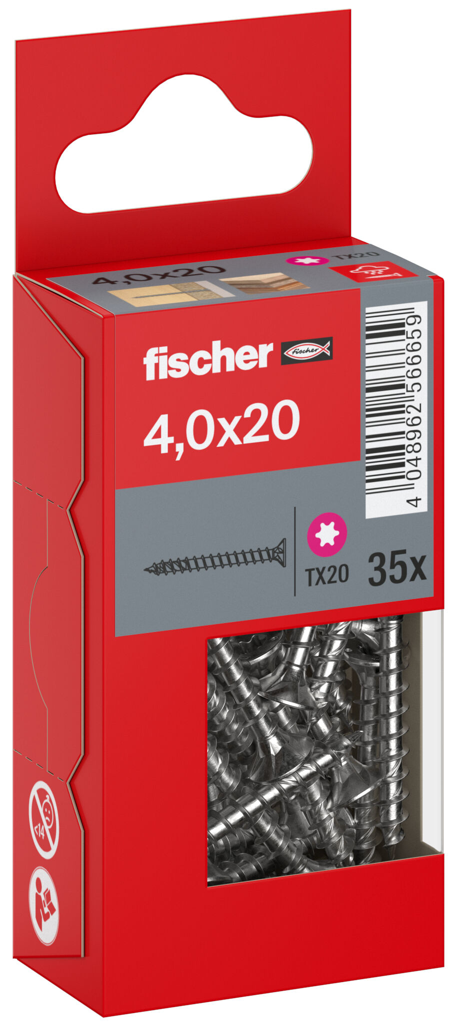 Packaging: "Parafuso para aglomerado fischer PowerFast FPF II CTF 4,0 x 20 A2 35, cabeça escareada, encaixe TX, rosca completa, aço inoxidável A2"