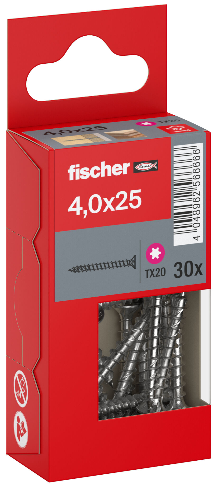 Packaging: "Parafuso para aglomerado fischer PowerFast FPF II CTF 4,0 x 25 A2 30, cabeça escareada, encaixe TX, rosca completa, aço inoxidável A2"