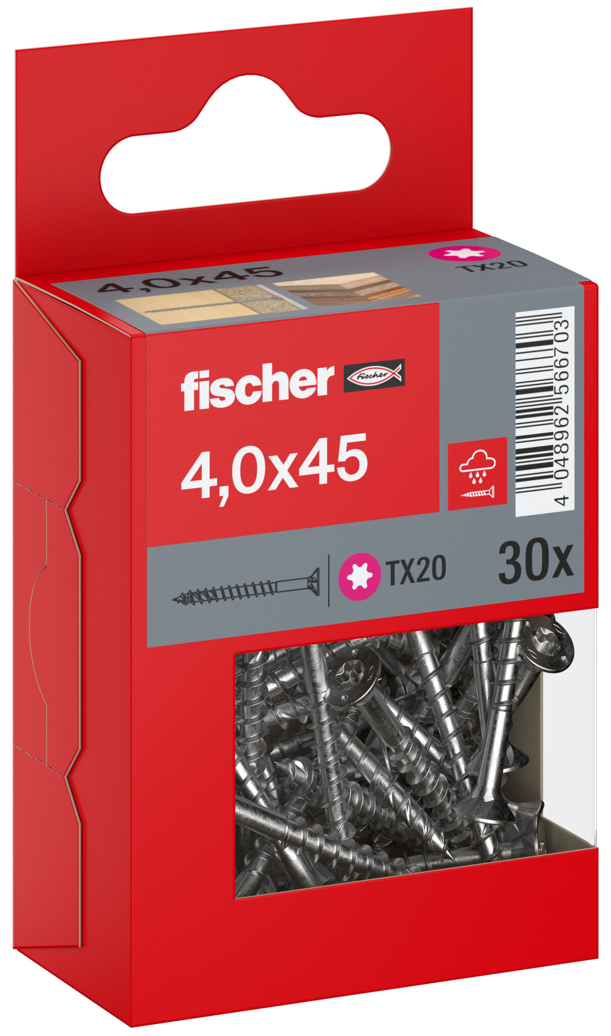 Packaging: "fischer chipboard screw PowerFast FPF II CTP 4.0 x 45 A2 30, countersunk head, TX drive, part thread, stainless steel A2"