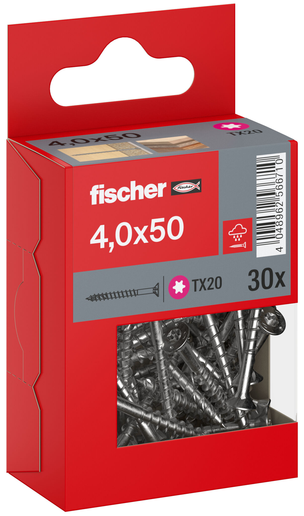 Packaging: "fischer chipboard screw PowerFast FPF II CTP 4.0 x 50 A2 30, countersunk head, TX drive, part thread, stainless steel A2"