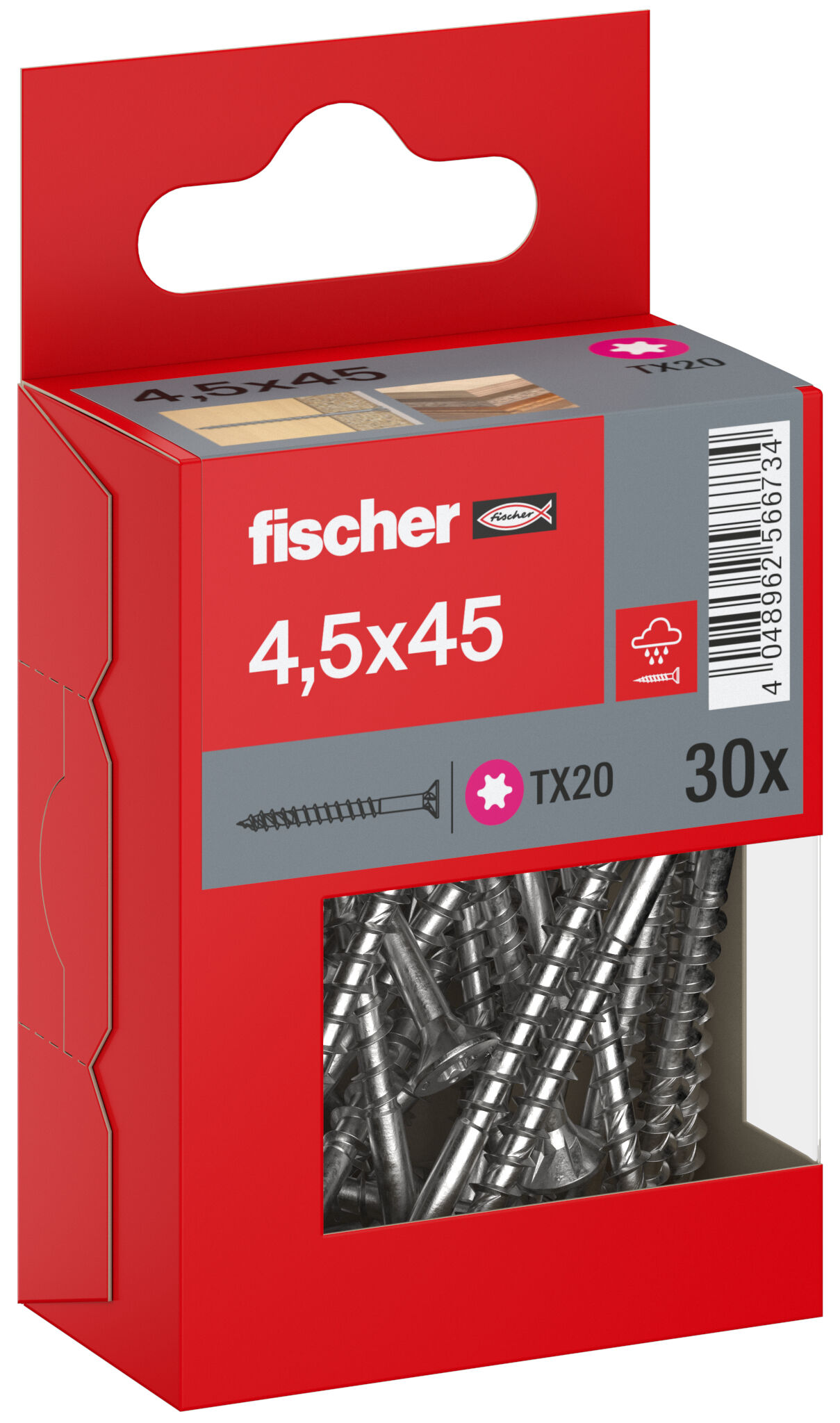 Packaging: "fischer chipboard screw PowerFast FPF II CTP 4.5 x 45 A2 30, countersunk head, TX drive, part thread, stainless steel A2"