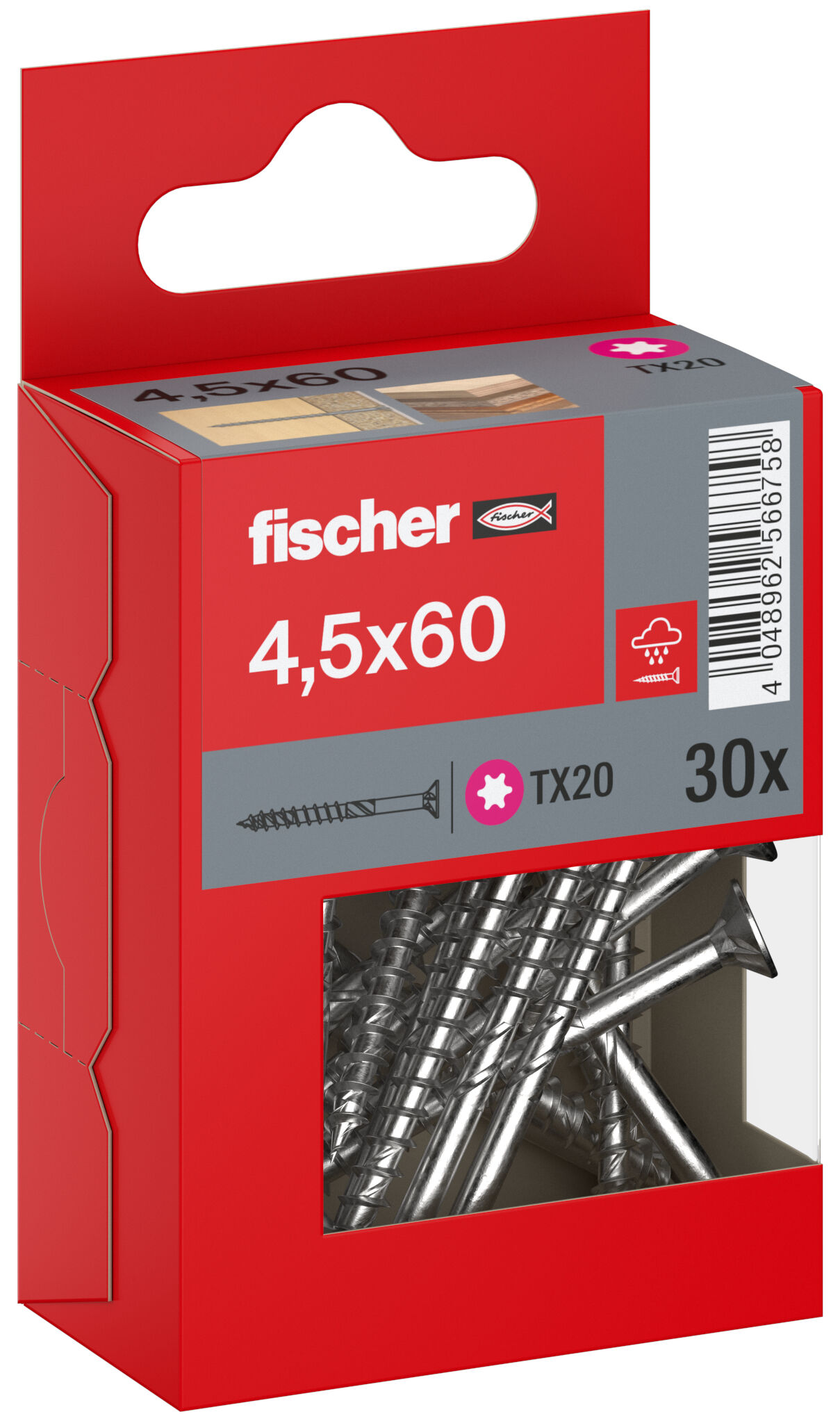 Packaging: "fischer chipboard screw PowerFast FPF II CTP 4.5 x 60 A2 30, countersunk head, TX drive, part thread, stainless steel A2"