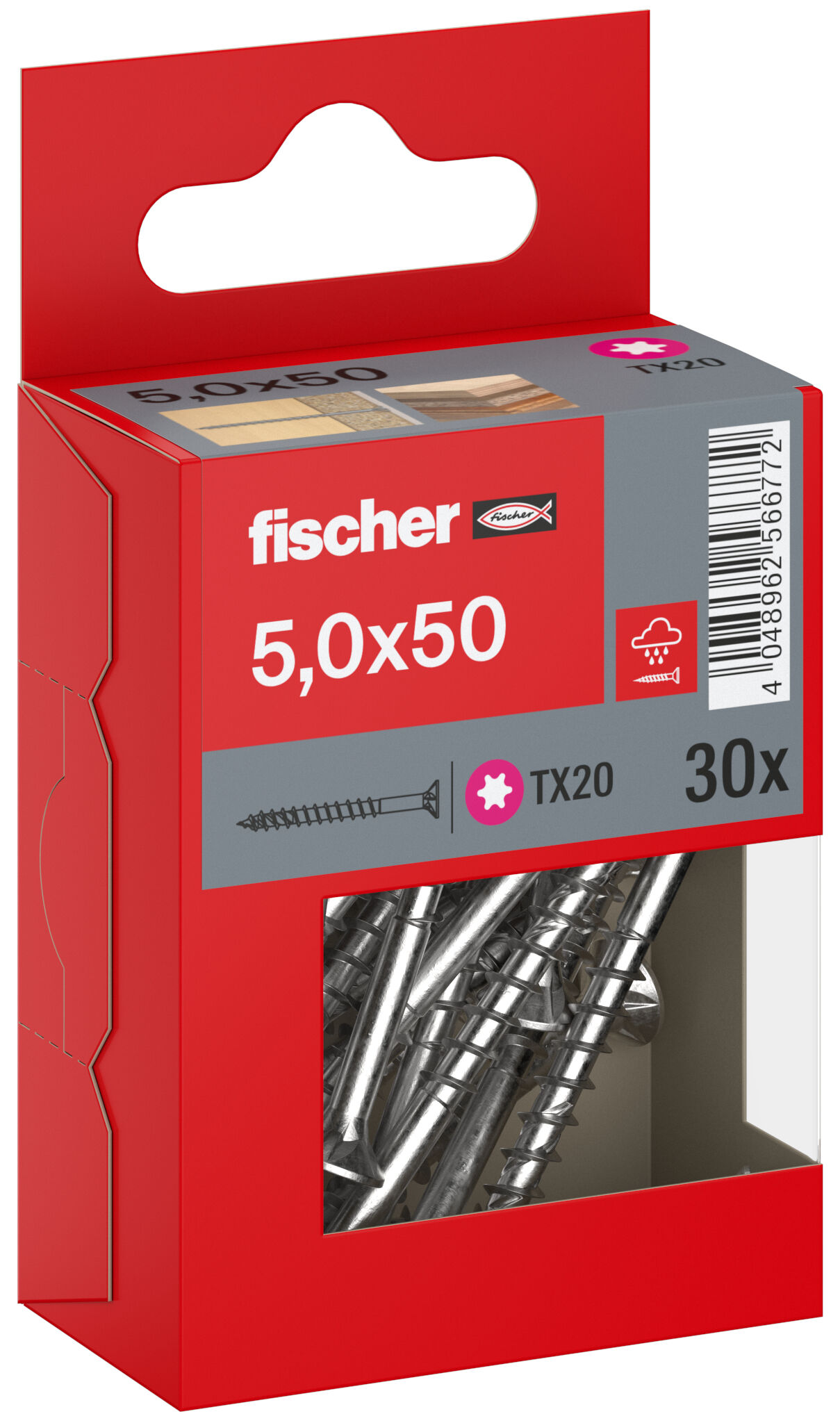Packaging: "fischer chipboard screw PowerFast FPF II CTP 5.0 x 50 A2 30, countersunk head, TX drive, part thread, stainless steel A2"
