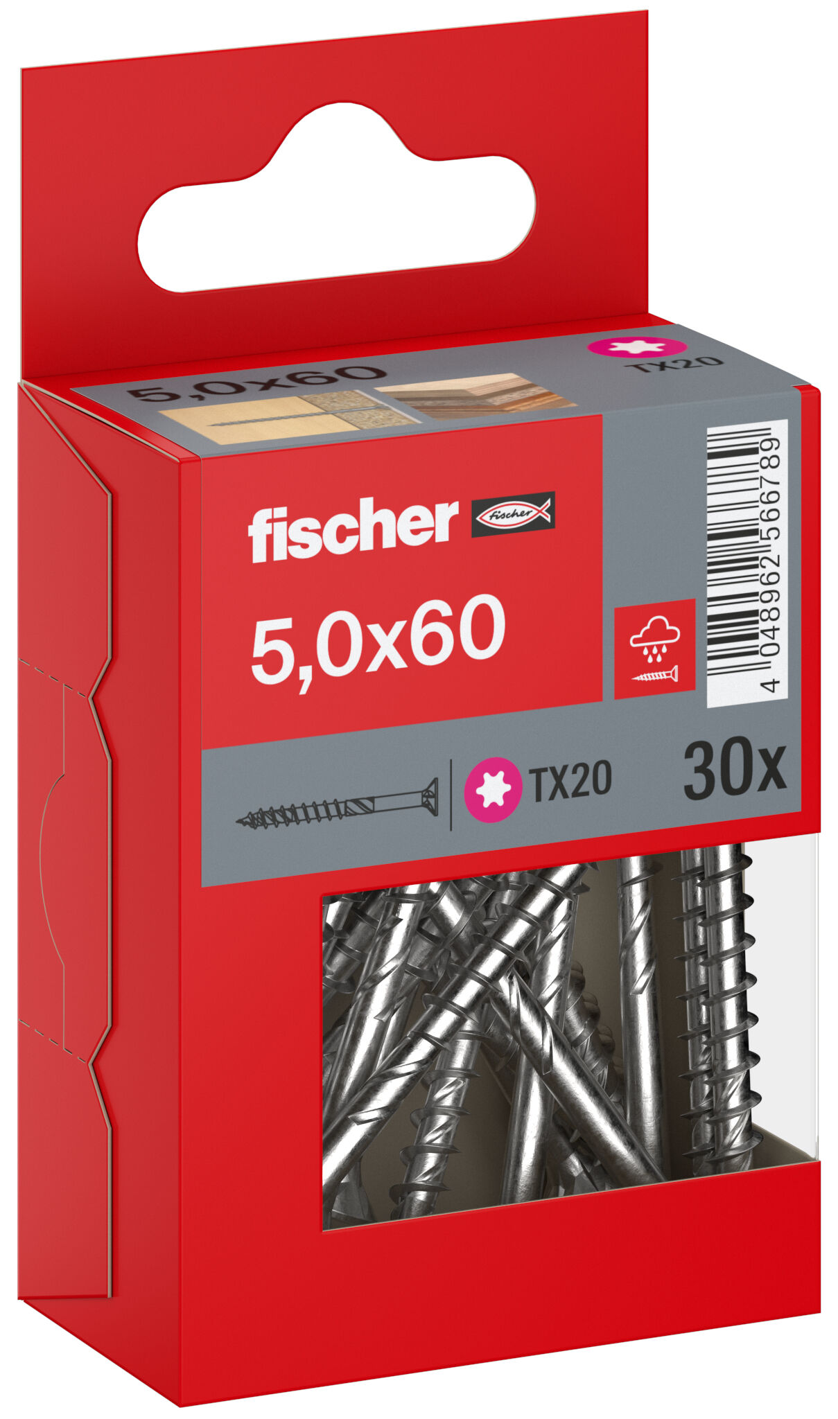Packaging: "fischer chipboard screw PowerFast FPF II CTP 5.0 x 60 A2 30, countersunk head, TX drive, part thread, stainless steel A2"