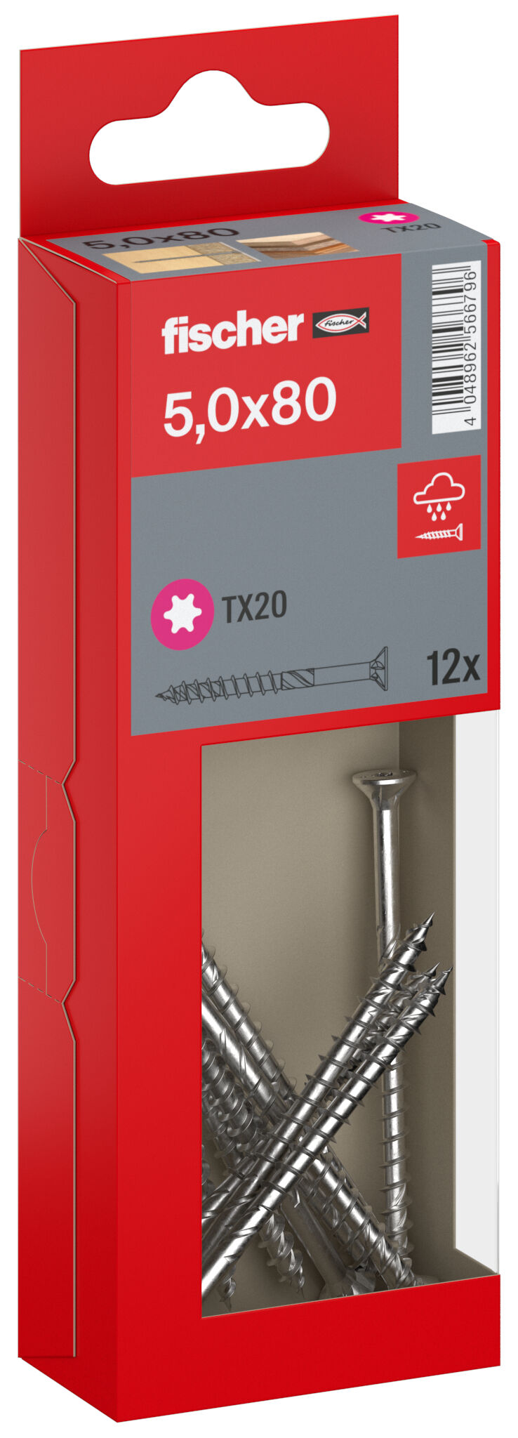 Packaging: "fischer chipboard screw PowerFast FPF II CTP 5.0 x 80 A2 12, countersunk head, TX drive, part thread, stainless steel A2"