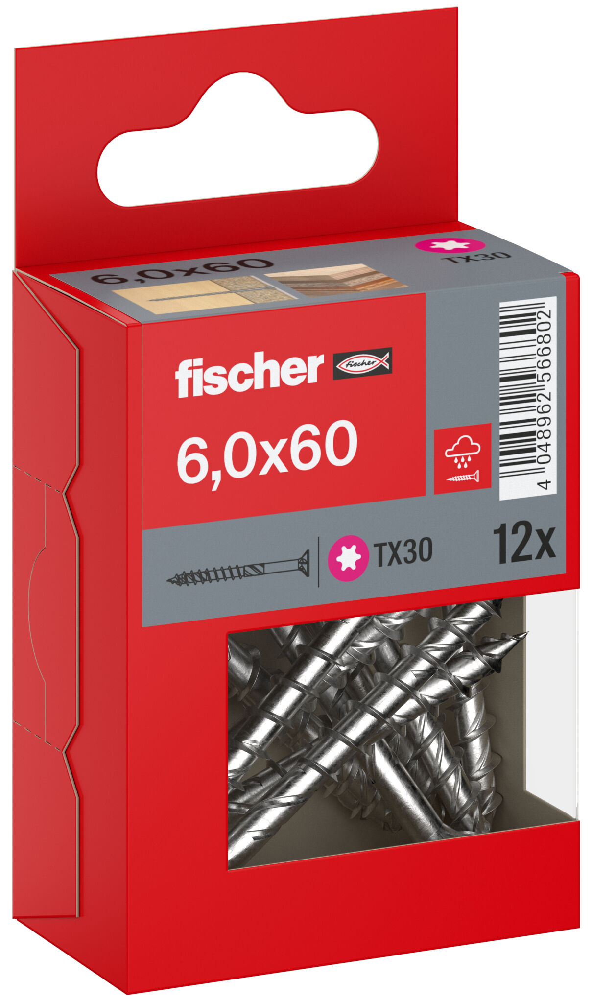 Packaging: "fischer chipboard screw PowerFast FPF II CTP 6.0 x 60 A2 12, countersunk head, TX drive, part thread, stainless steel A2"