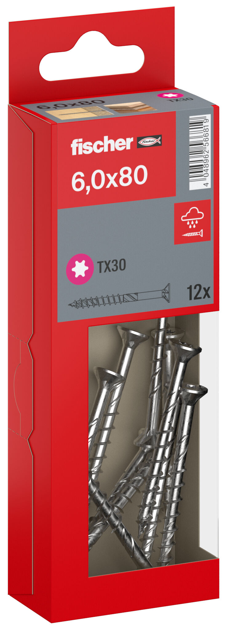 Packaging: "fischer chipboard screw PowerFast FPF II CTP 6.0 x 80 A2 12, countersunk head, TX drive, part thread, stainless steel A2"