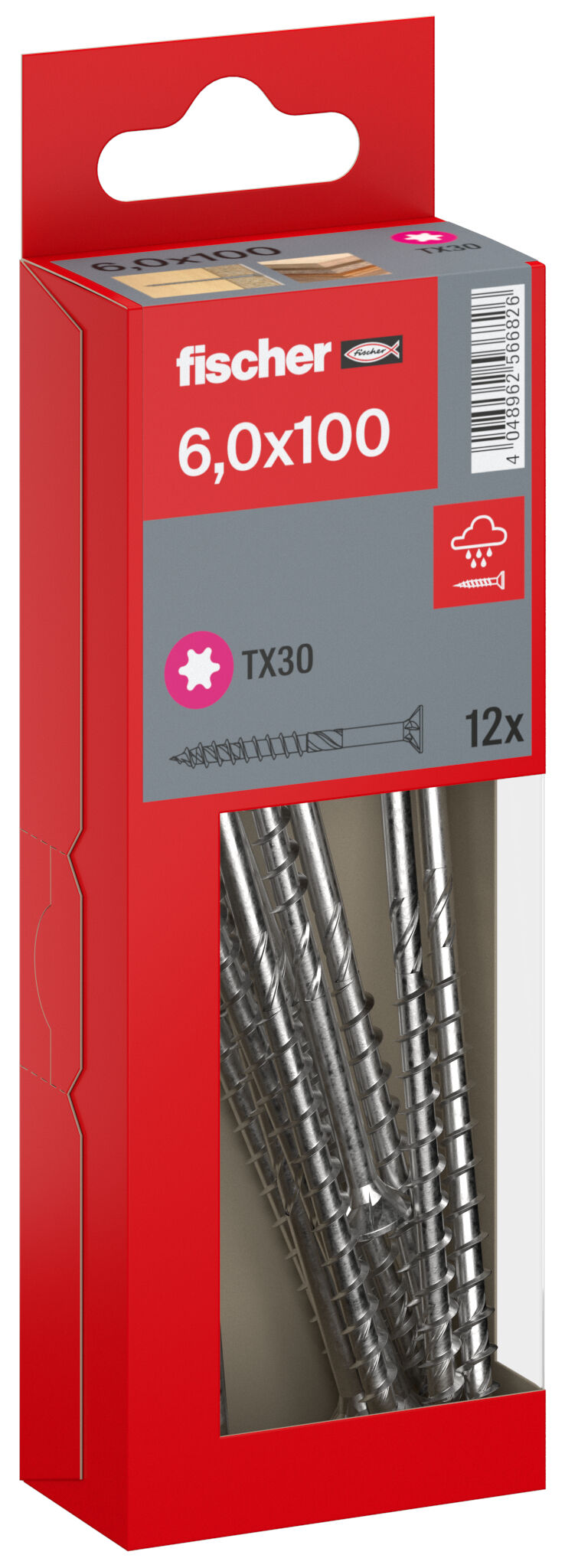 Packaging: "fischer chipboard screw PowerFast FPF II CTP 6.0 x 100 A2 12, countersunk head, TX drive, part thread, stainless steel A2"